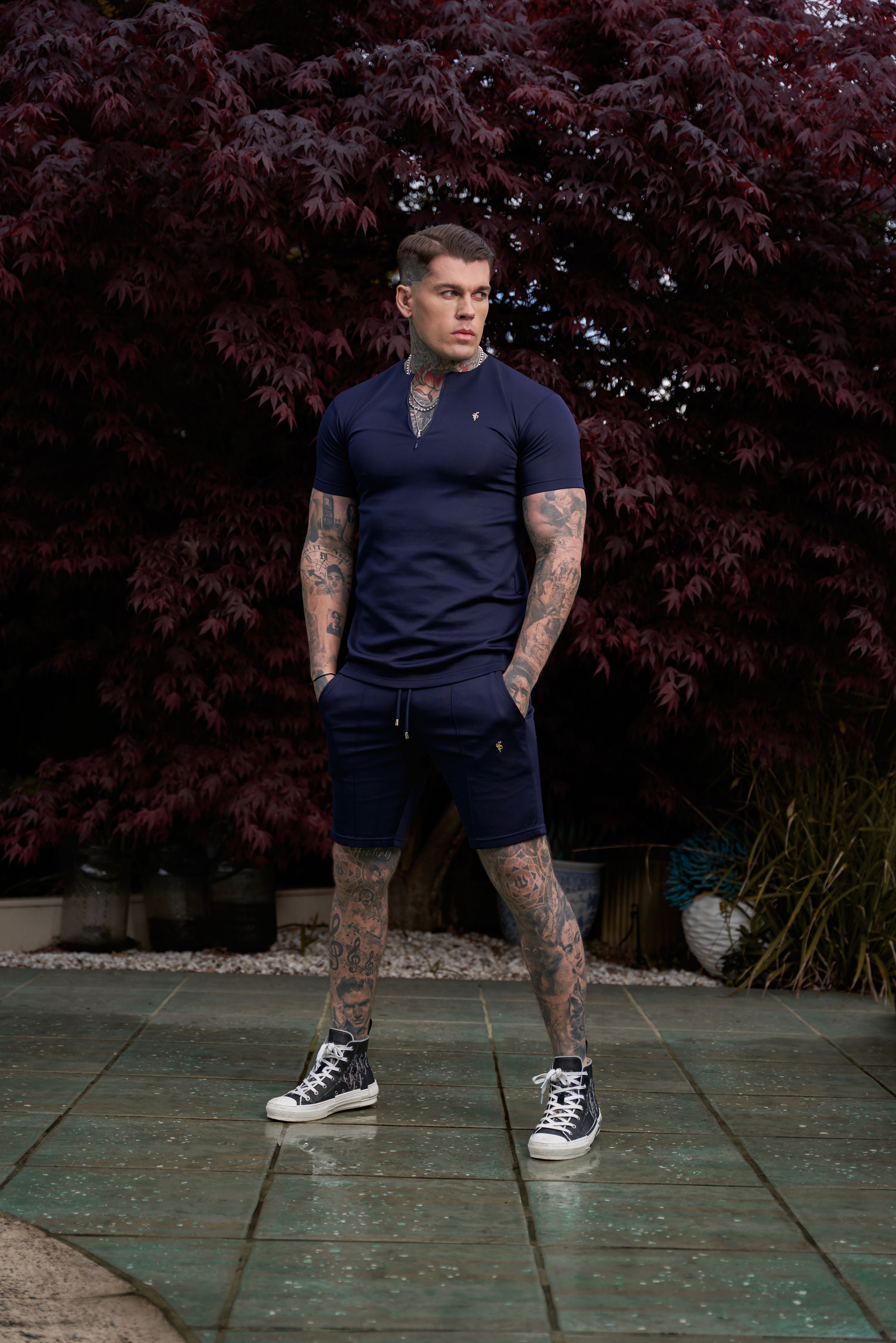 Scuba Navy / Gold Crew T Shirt With Zip Detail Short Sleeve - FSH1033
