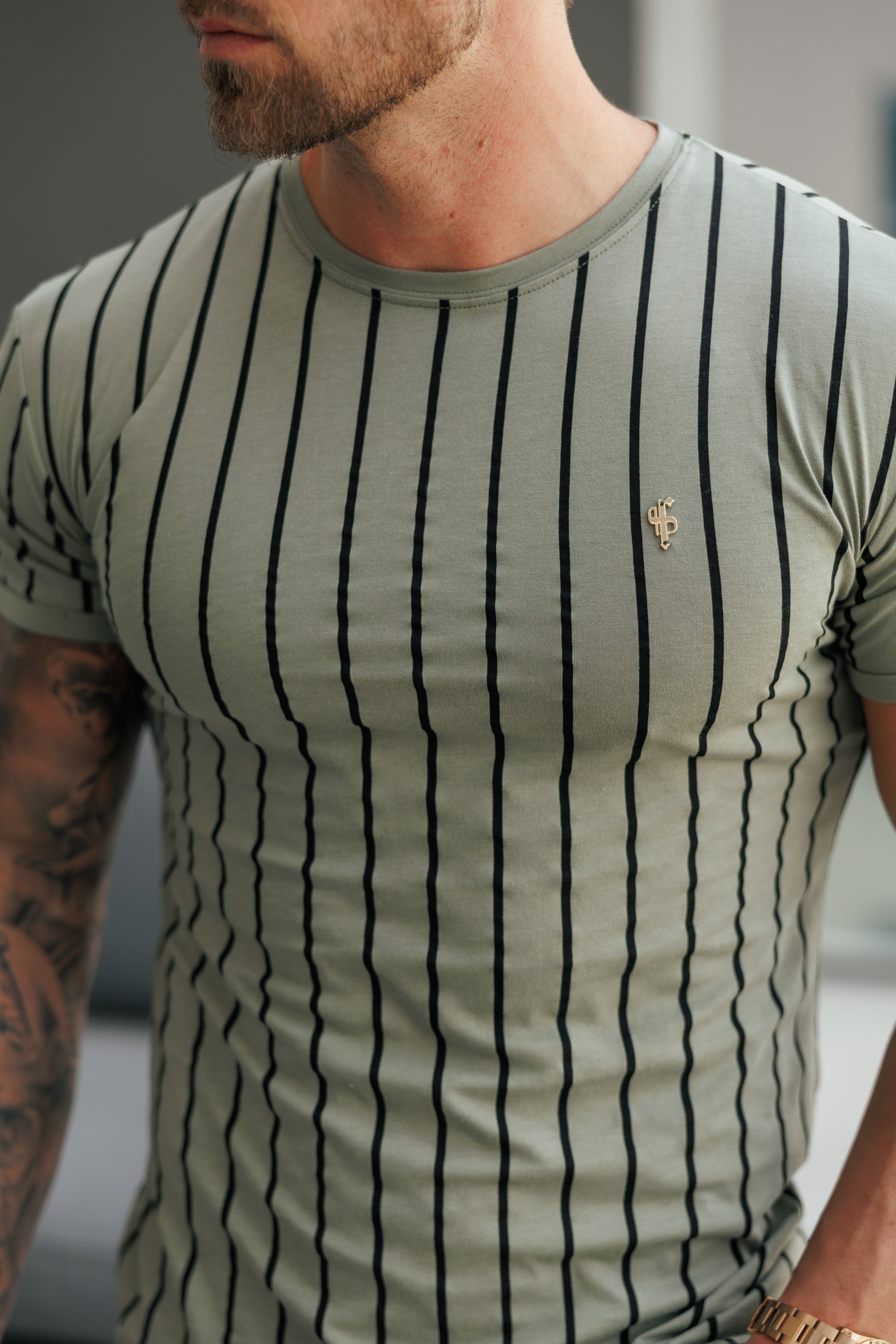 Printed Olive / Black Stripe Fitted T Shirt - FSH1374