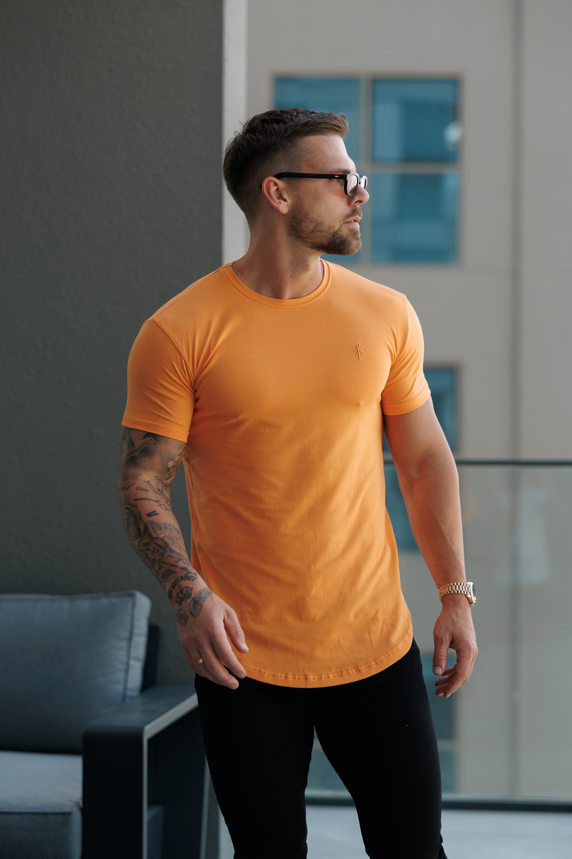 Classic Orange Tonal Curved Hem Crew T Shirt - FSH1152