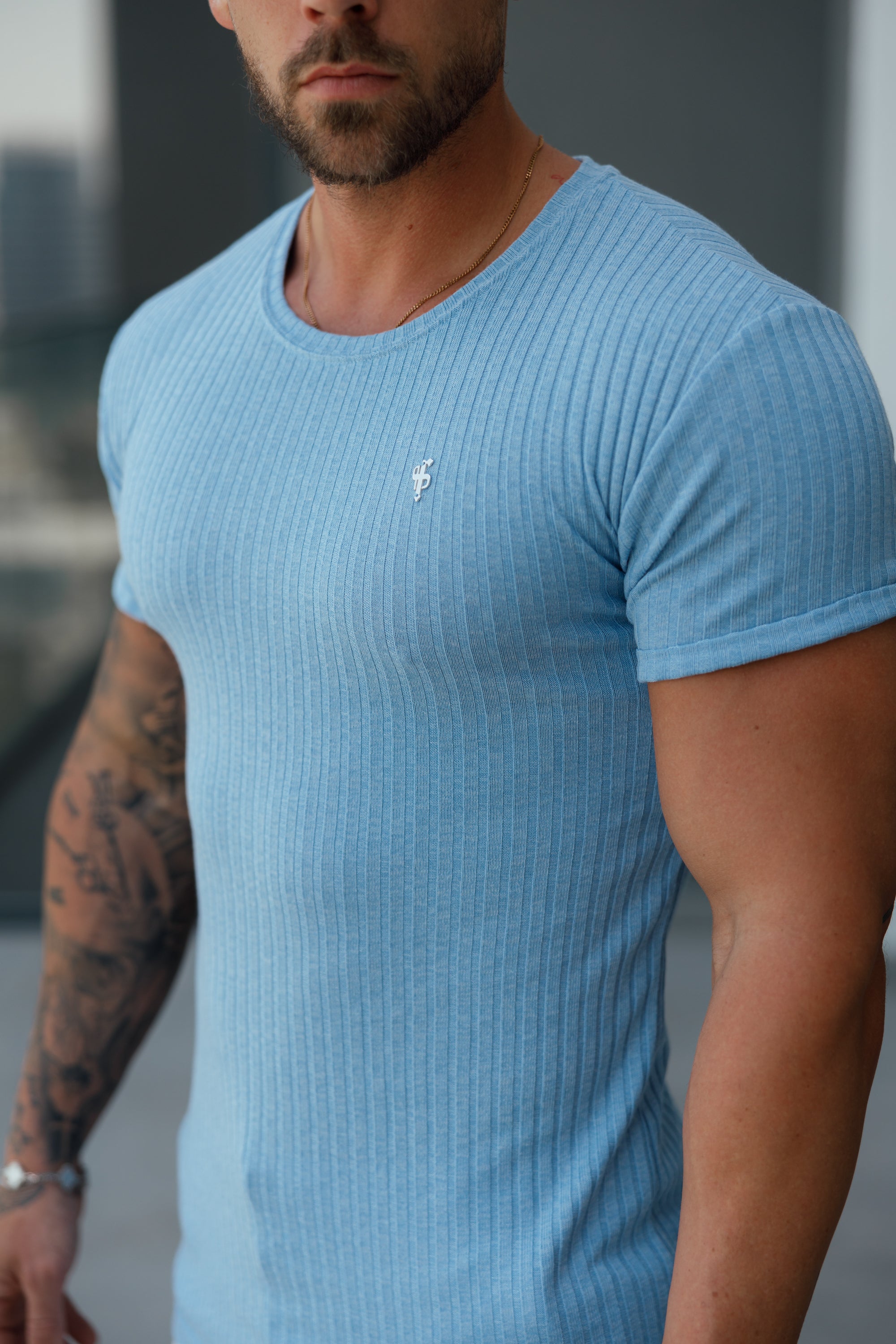 Classic Light Blue / Silver Ribbed Knit Super Slim Short Sleeve Crew T-Shirt - FSH1087