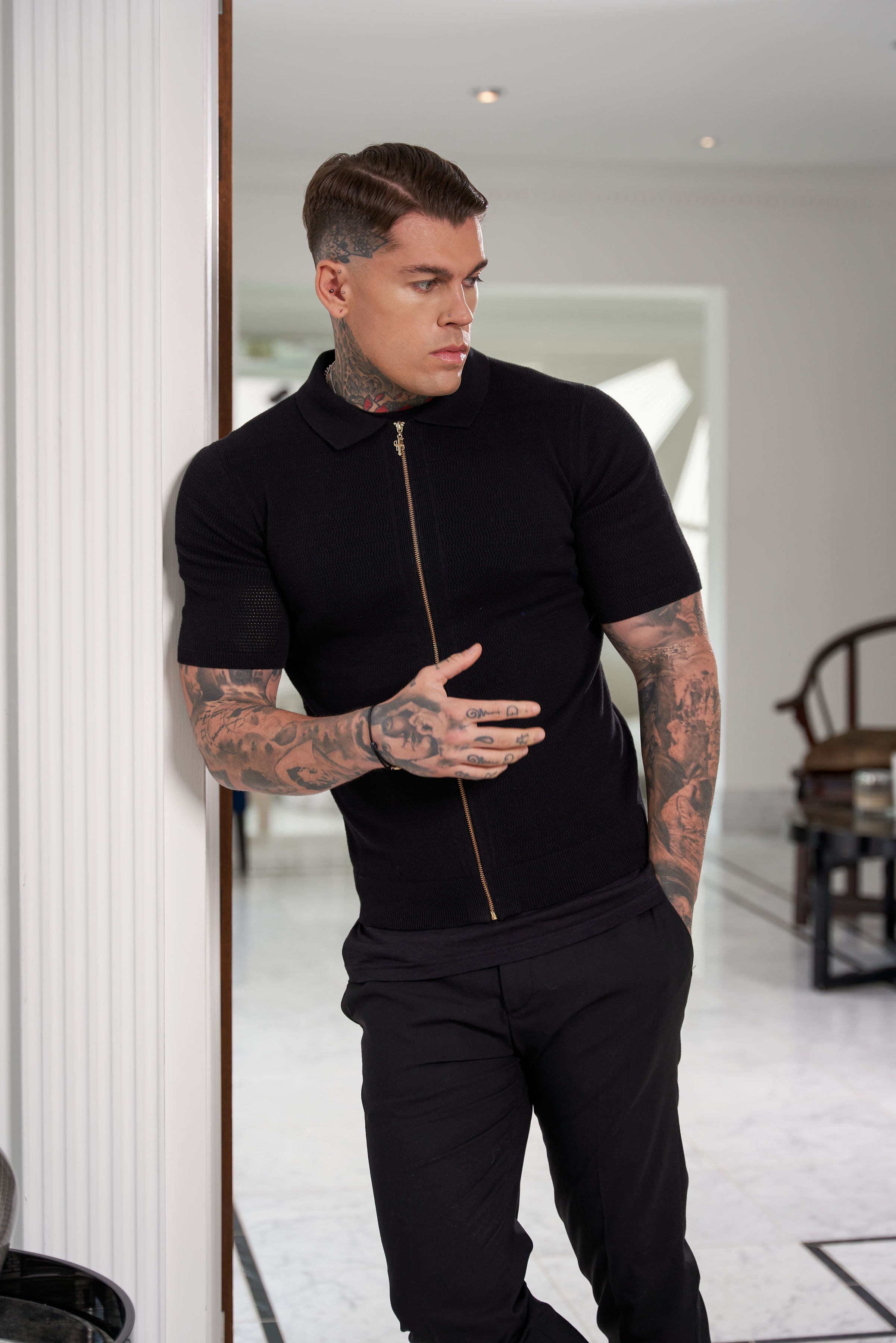 Classic Knitted Textured Design With Full Length Zip Black Short Sleeve - FSN151