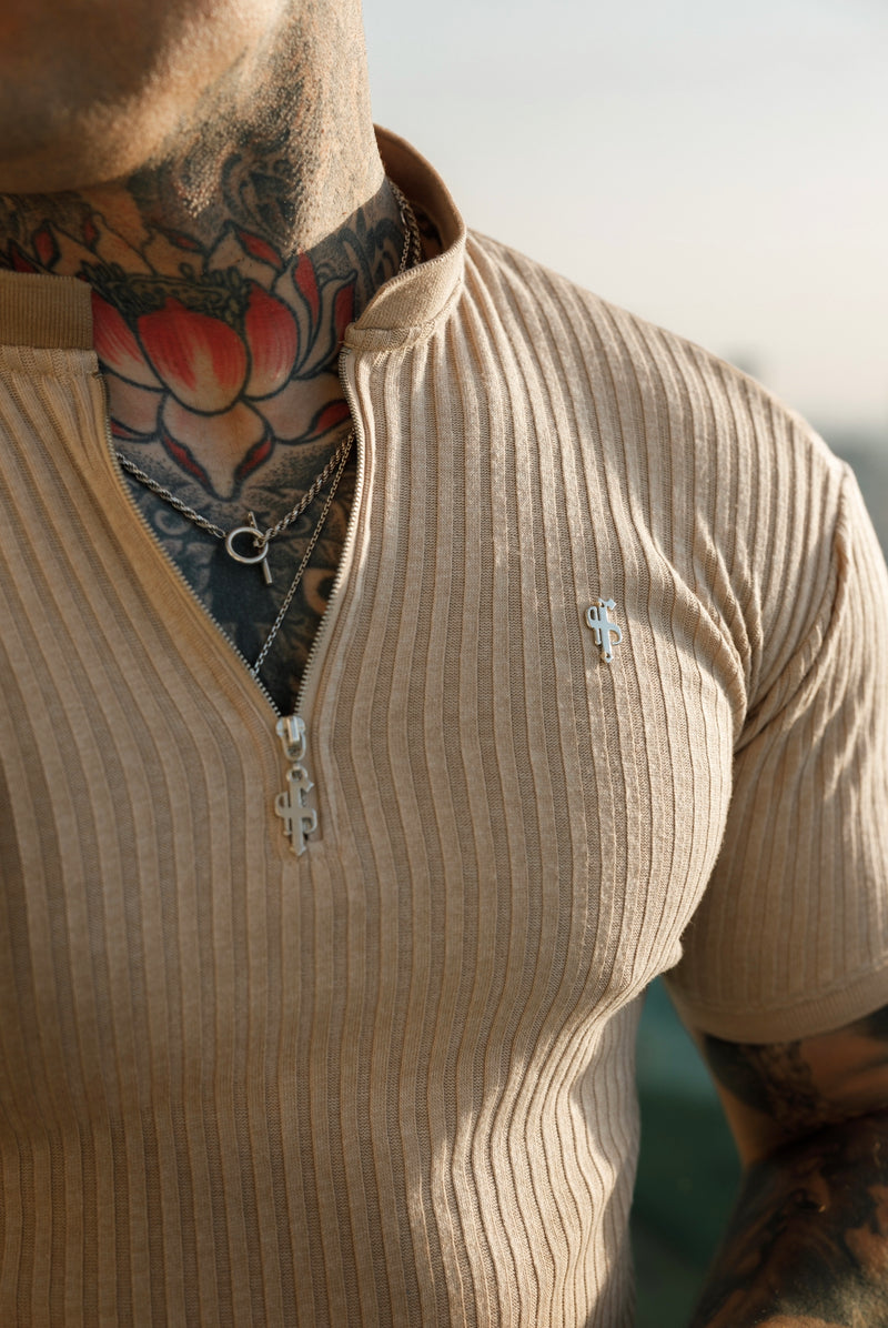 Father Sons Classic Beige / Beige Ribbed Silver Zip Grandad Collar Shirt Short Sleeve - FSH916