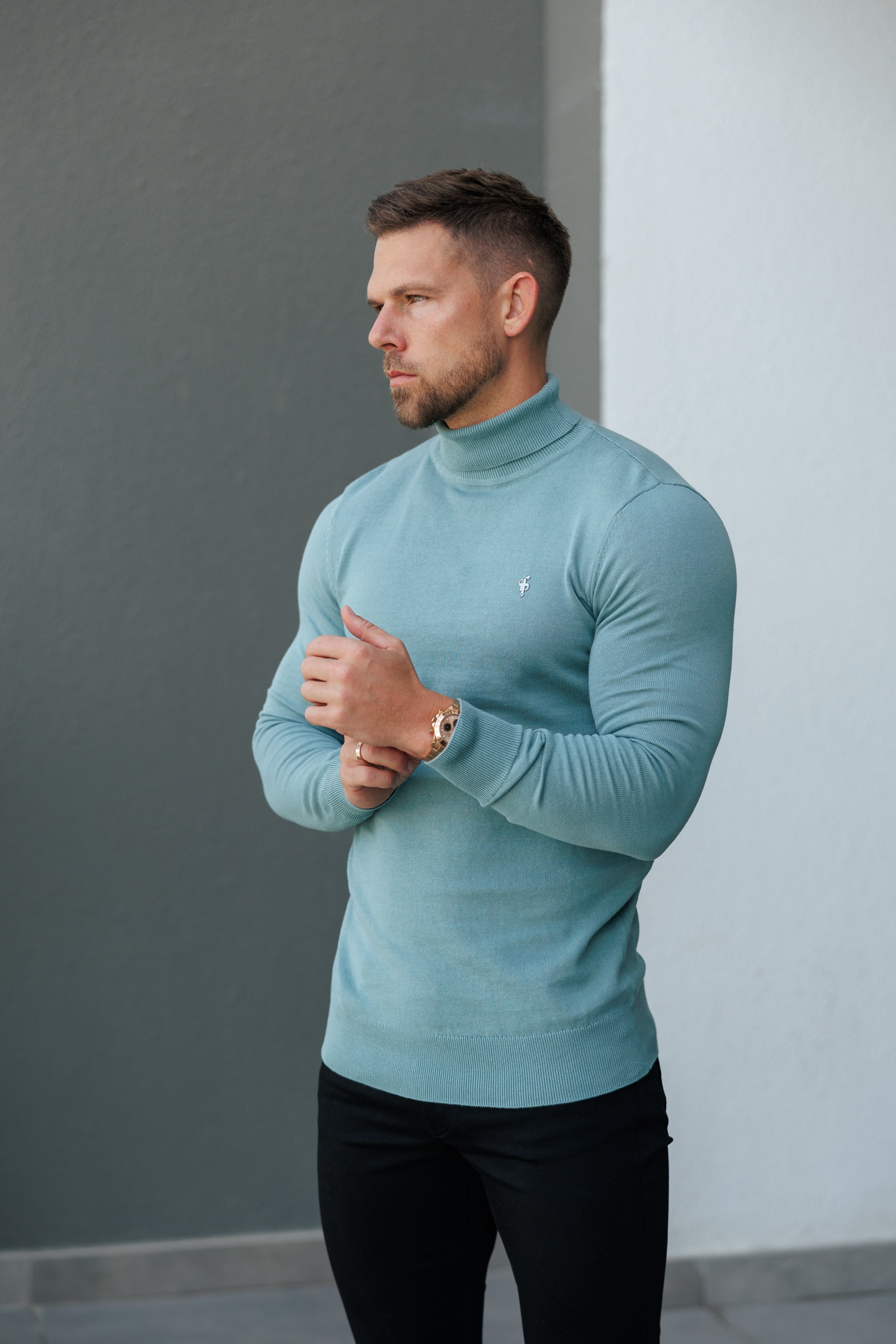 Teal Roll Neck Knitted Jumper With FS Branding - FSN205