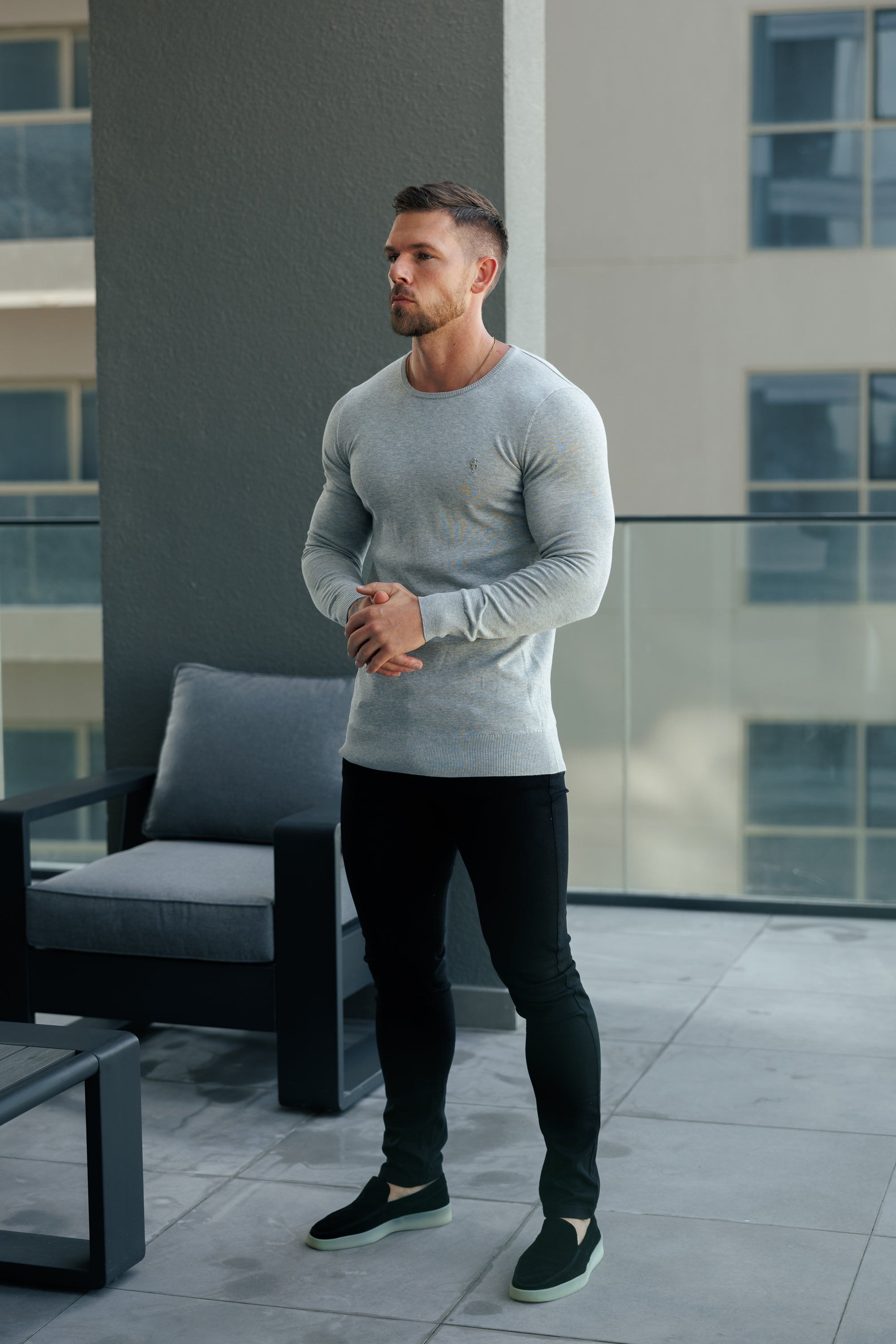 Light Grey Crew Neck Knitted Jumper With FS Branding - FSN199