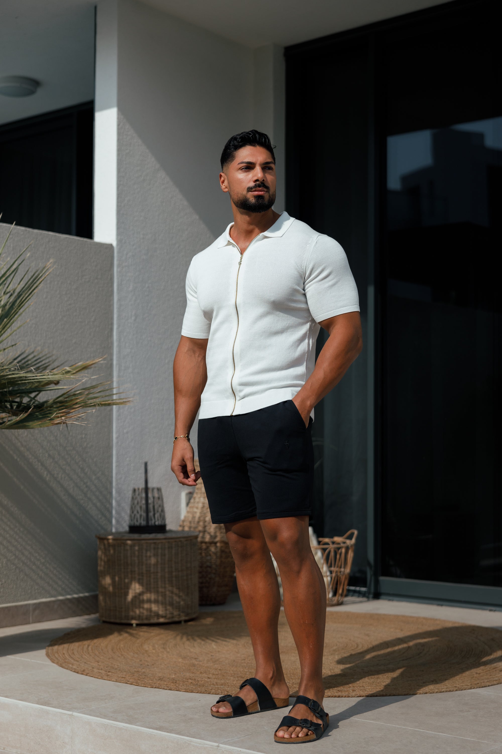 Classic Knitted Textured Design With Full Length Zip Off White Short Sleeve - FSN152