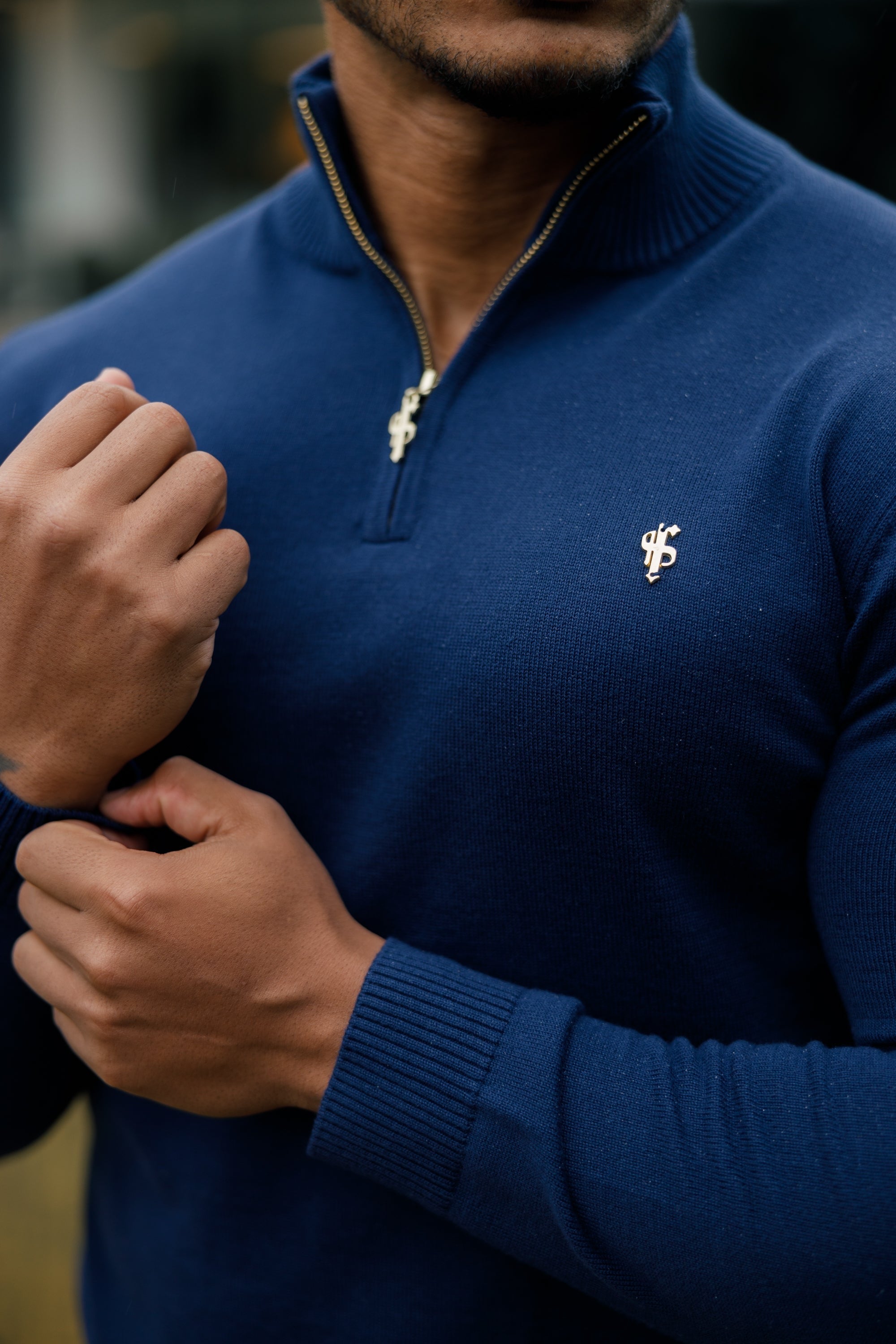 Navy Funnel Neck Knitted Jumper With FS Branding - FSN191