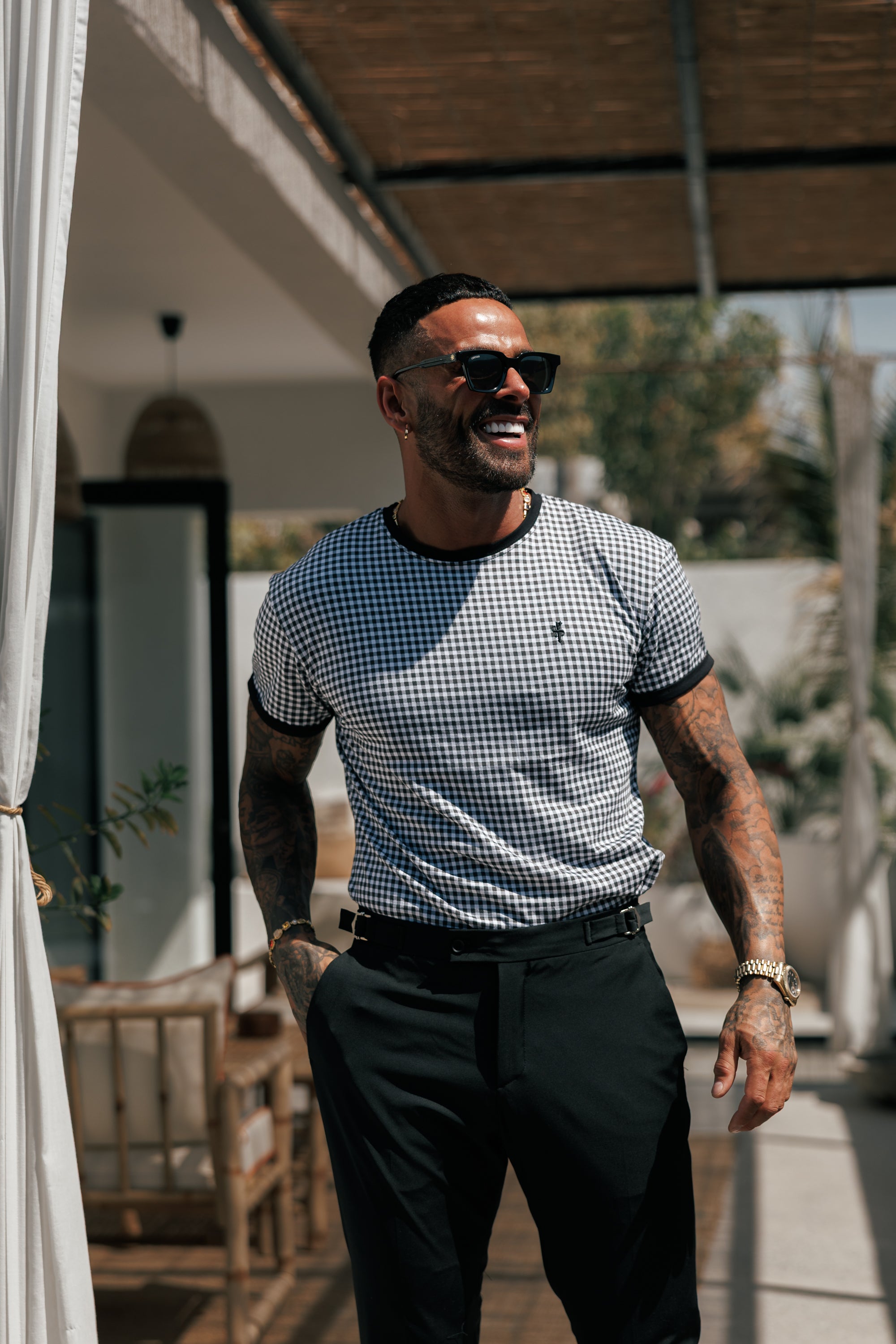 Printed Black / White Check Fitted T Shirt - FSH1238