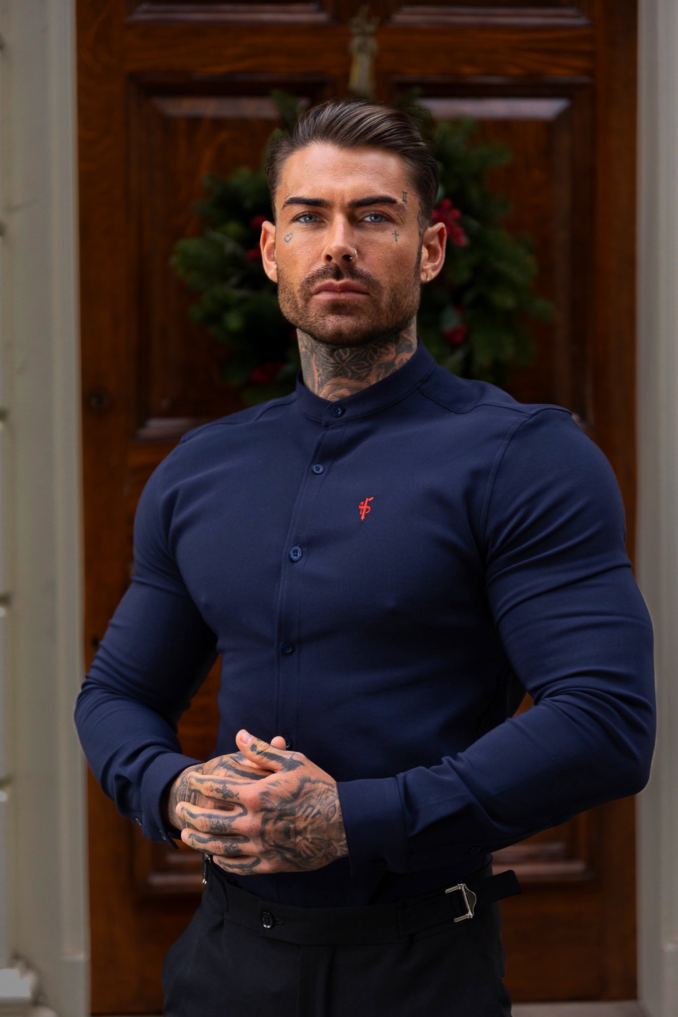 Super Slim Scuba Navy / Red Long Sleeve Stretch with Grandad Collar - FS1000