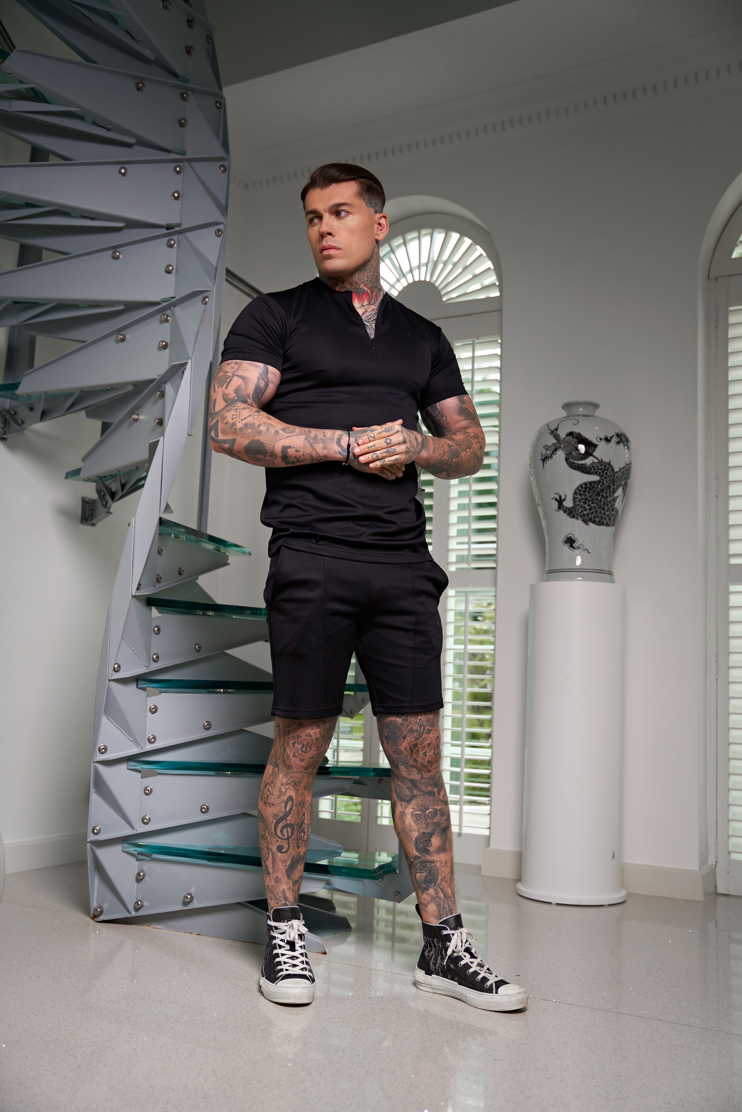 Scuba Black Crew T Shirt With Zip Detail Short Sleeve - FSH1031