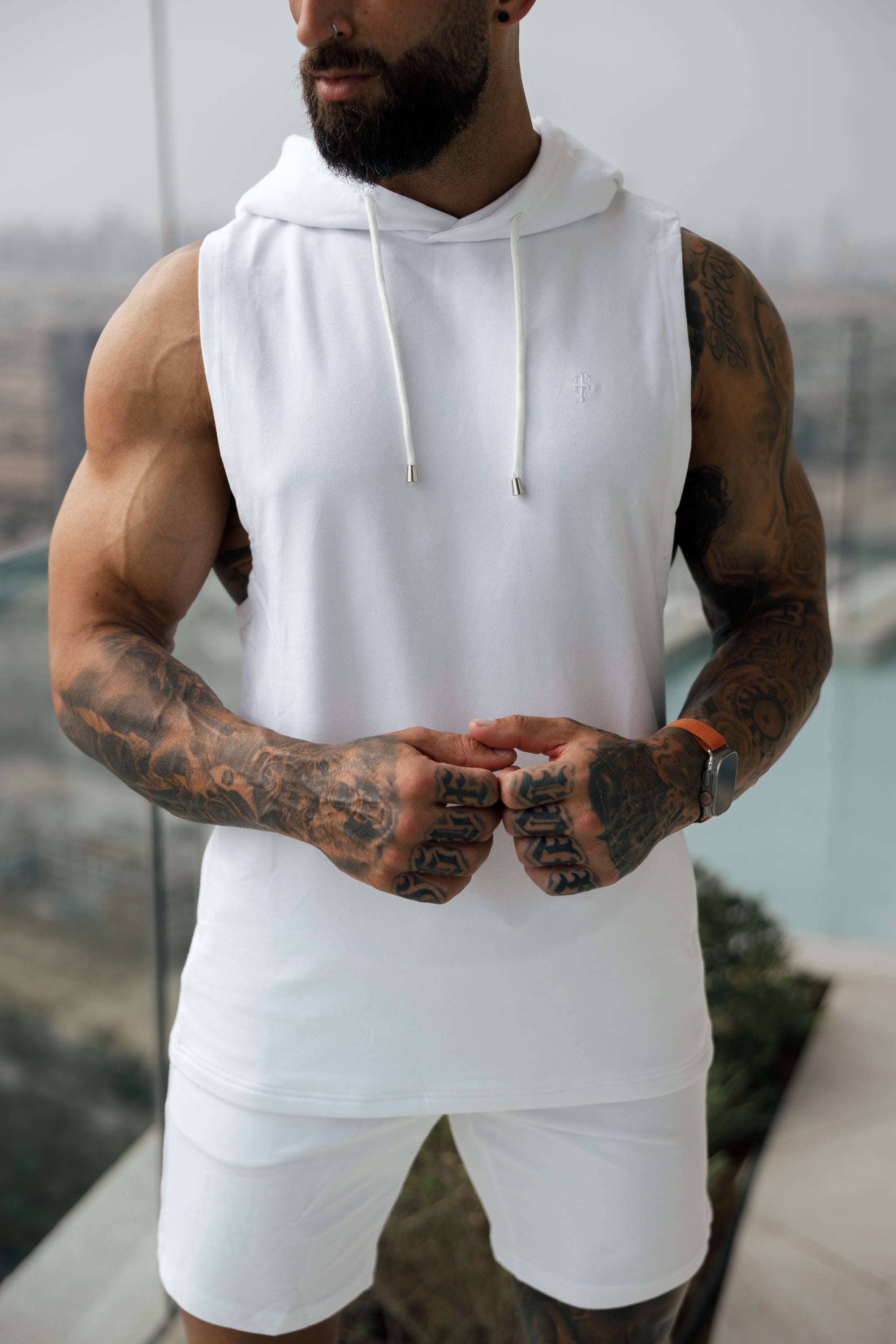 Sleeveless White Gym Hoodie - FSH897