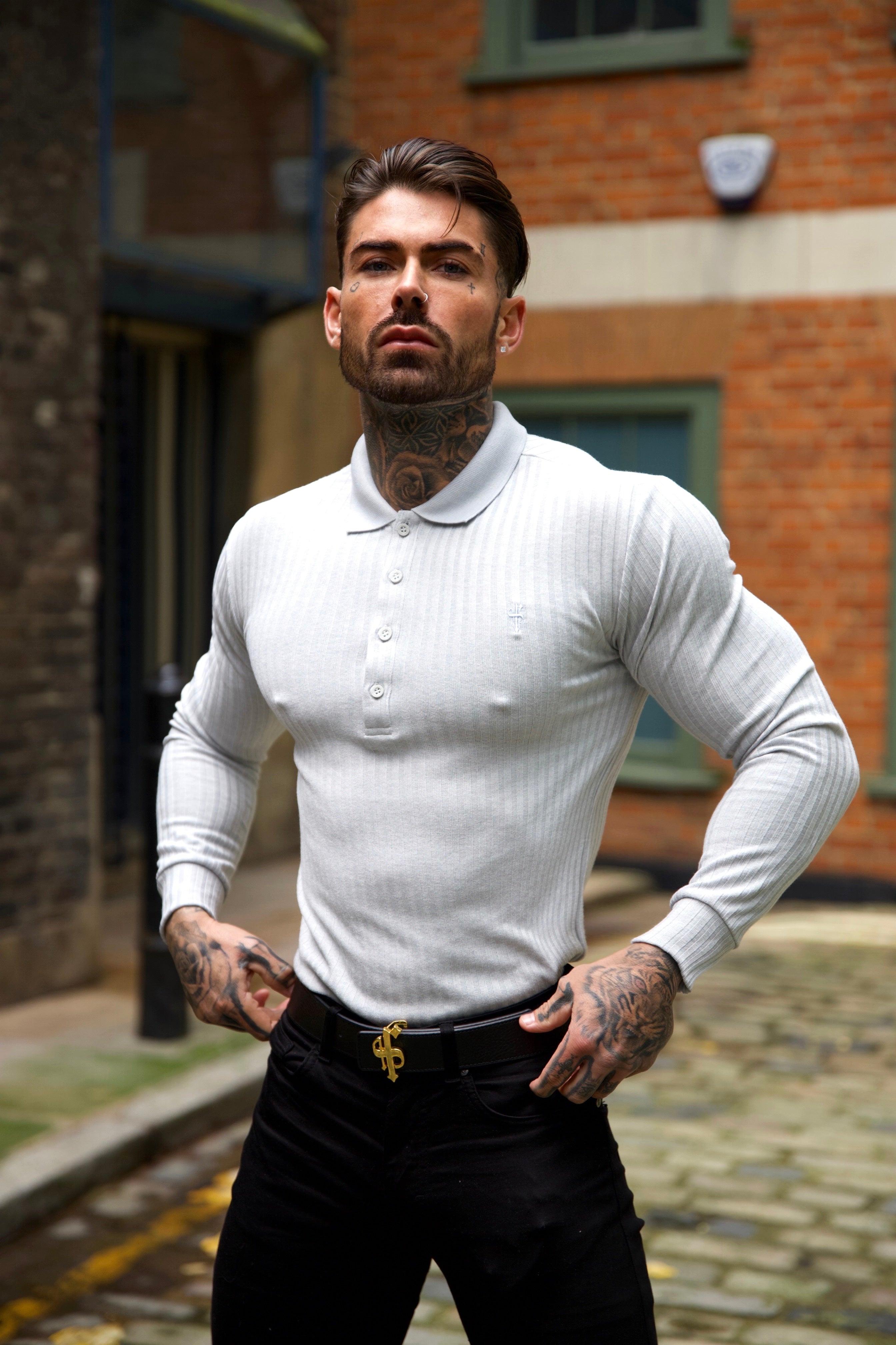 Classic Light Grey Ribbed Polo Shirt Long Sleeve - FSH972