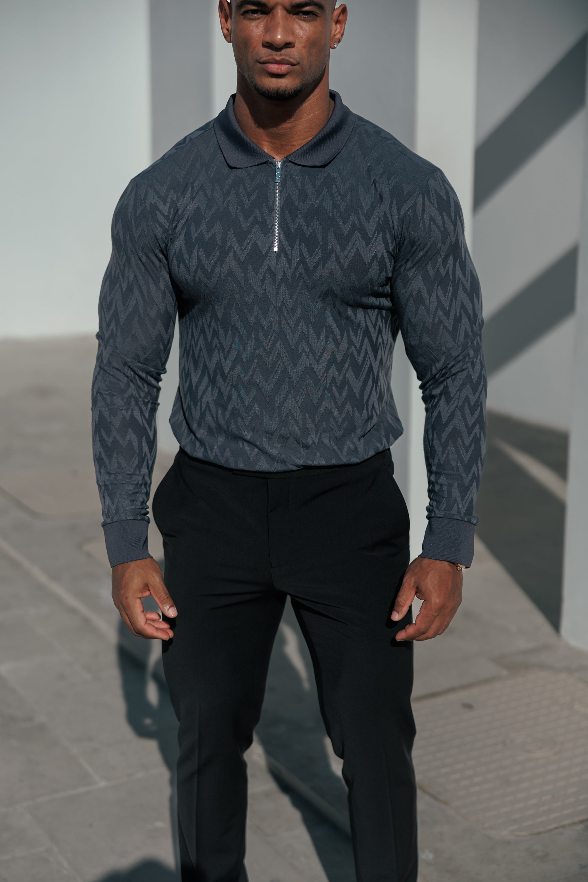 Classic Jacquard Charcoal Chevron Zipped Polo Long Sleeve - FSR044