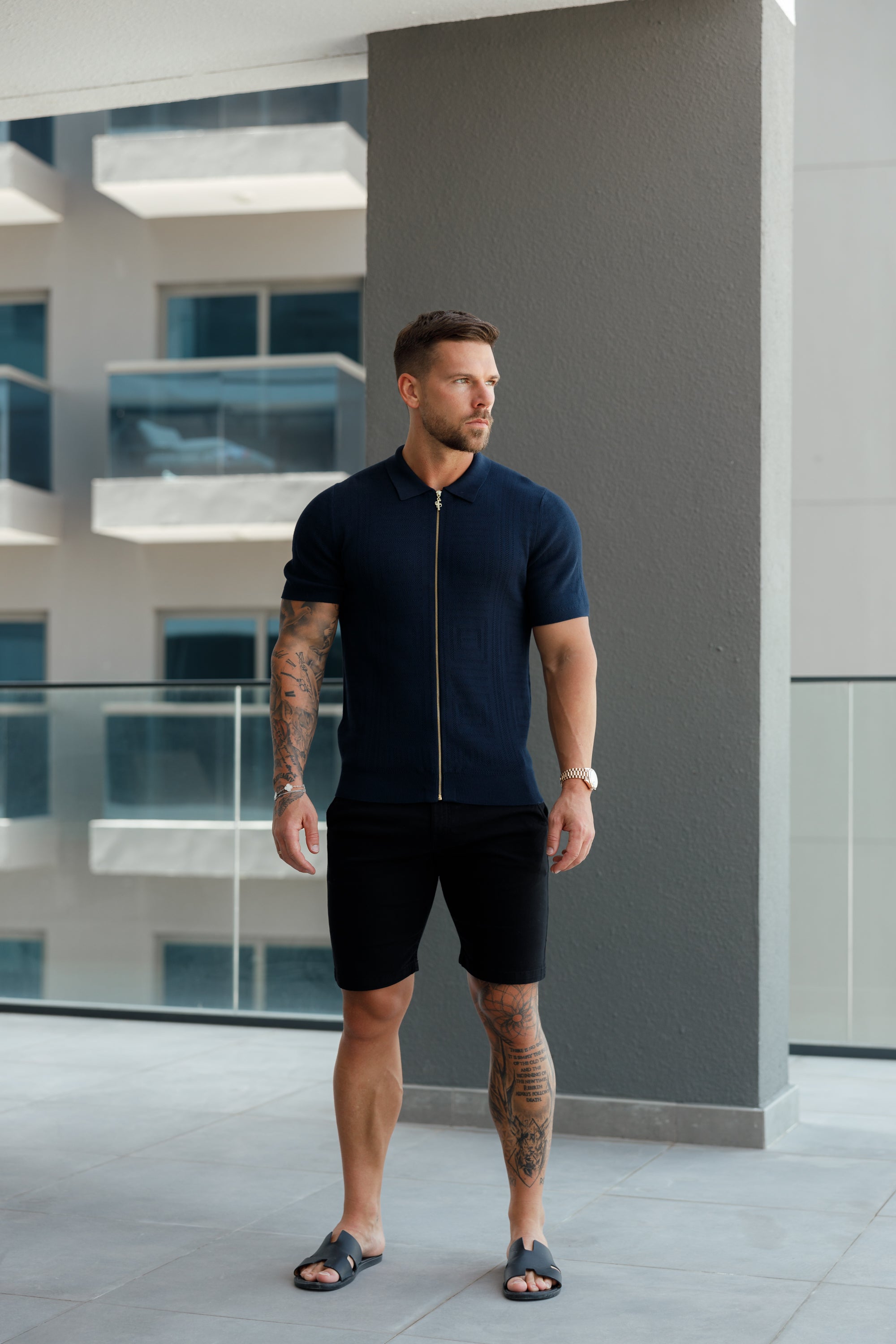 Classic Knitted Geo Design With Full Length Zip Navy Short Sleeve - FSN149