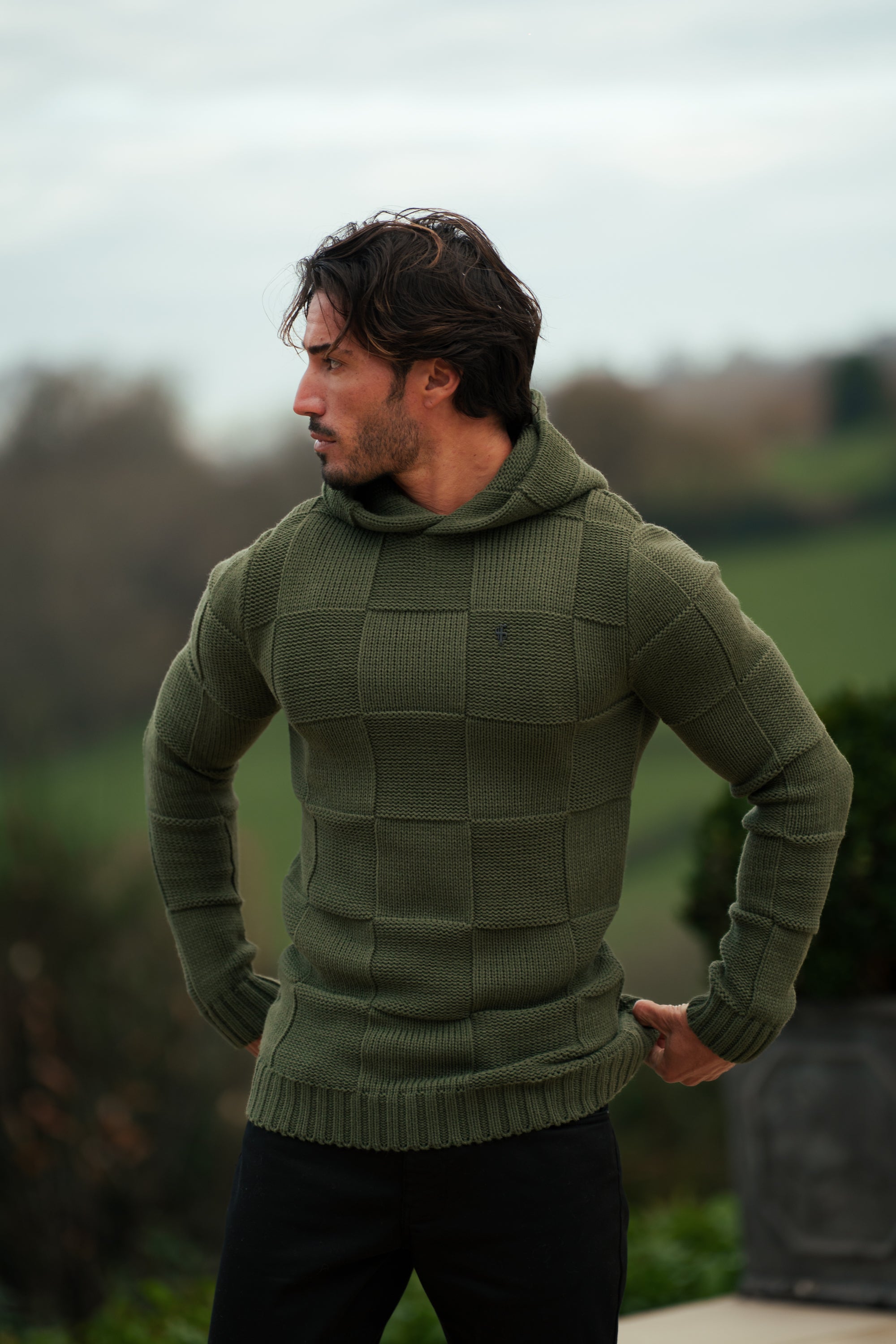 Olive Checkerboard Knitted Hoodie - FSJ137