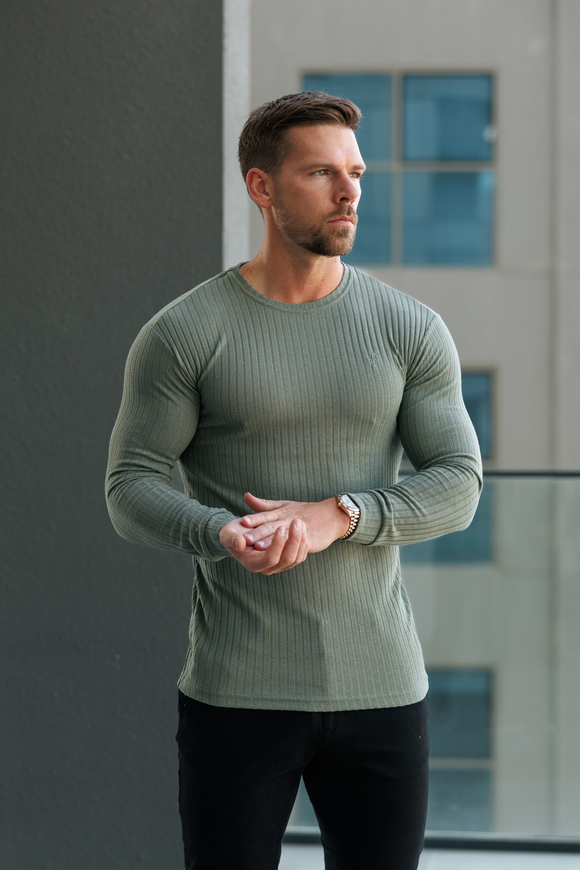 Classic Olive Ribbed Knit Jumper With Tonal Embroidery - FSH1285