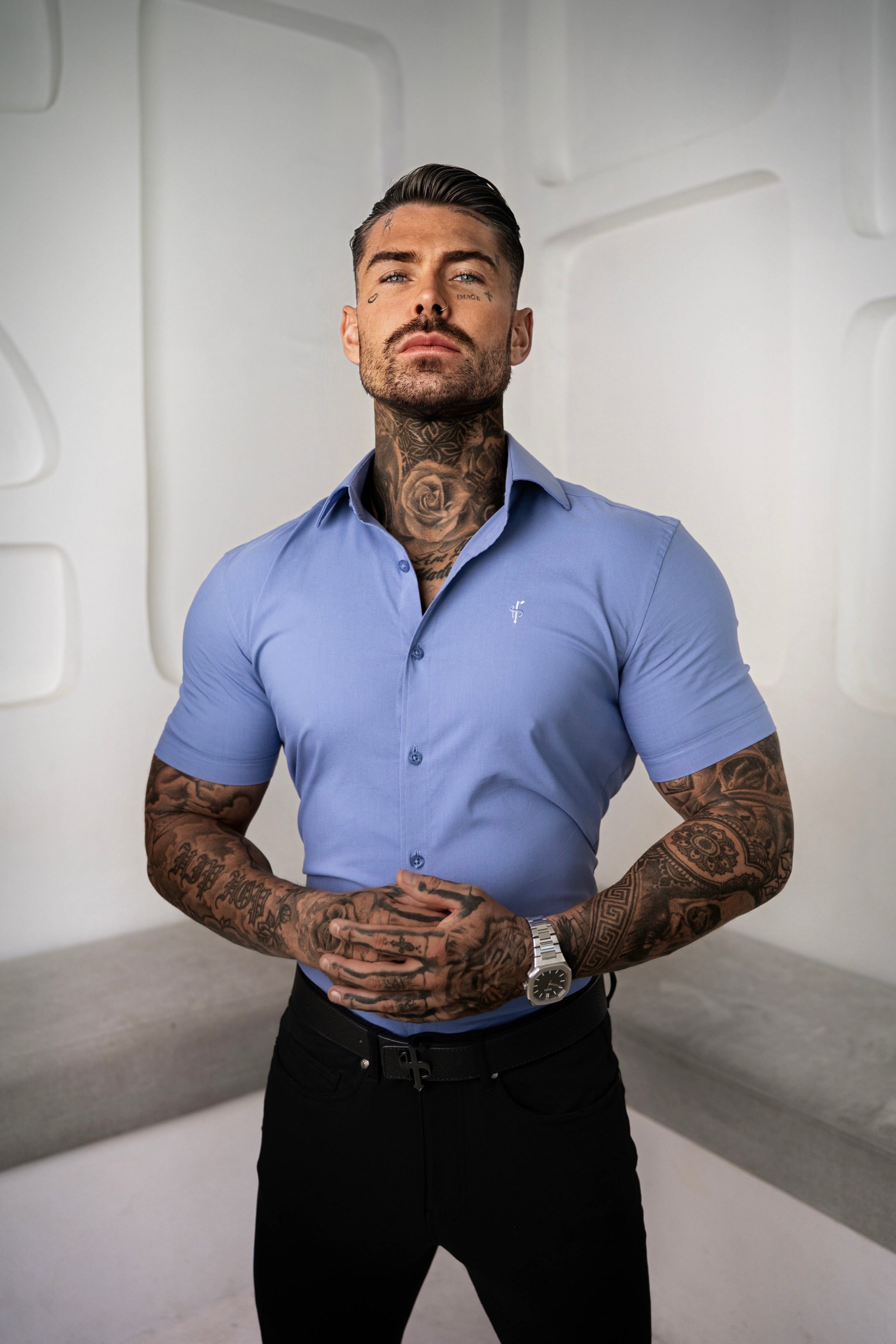 Muscle Fit Advanced Stretch Mid Blue Short Sleeve with Cutaway Collar - FS1203