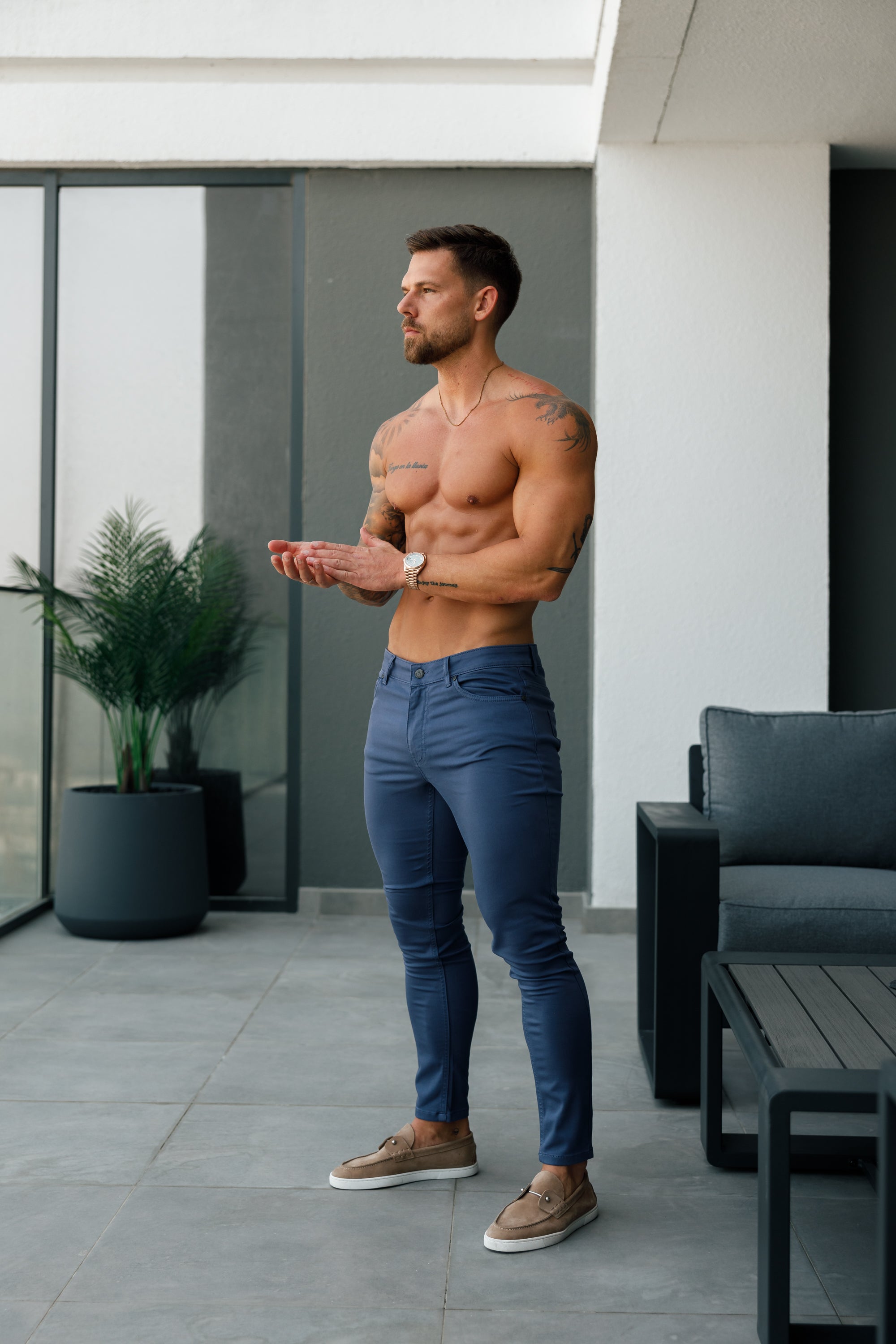 Slim Stretch Light Navy Relaxed Sateen Trousers - FSH1305