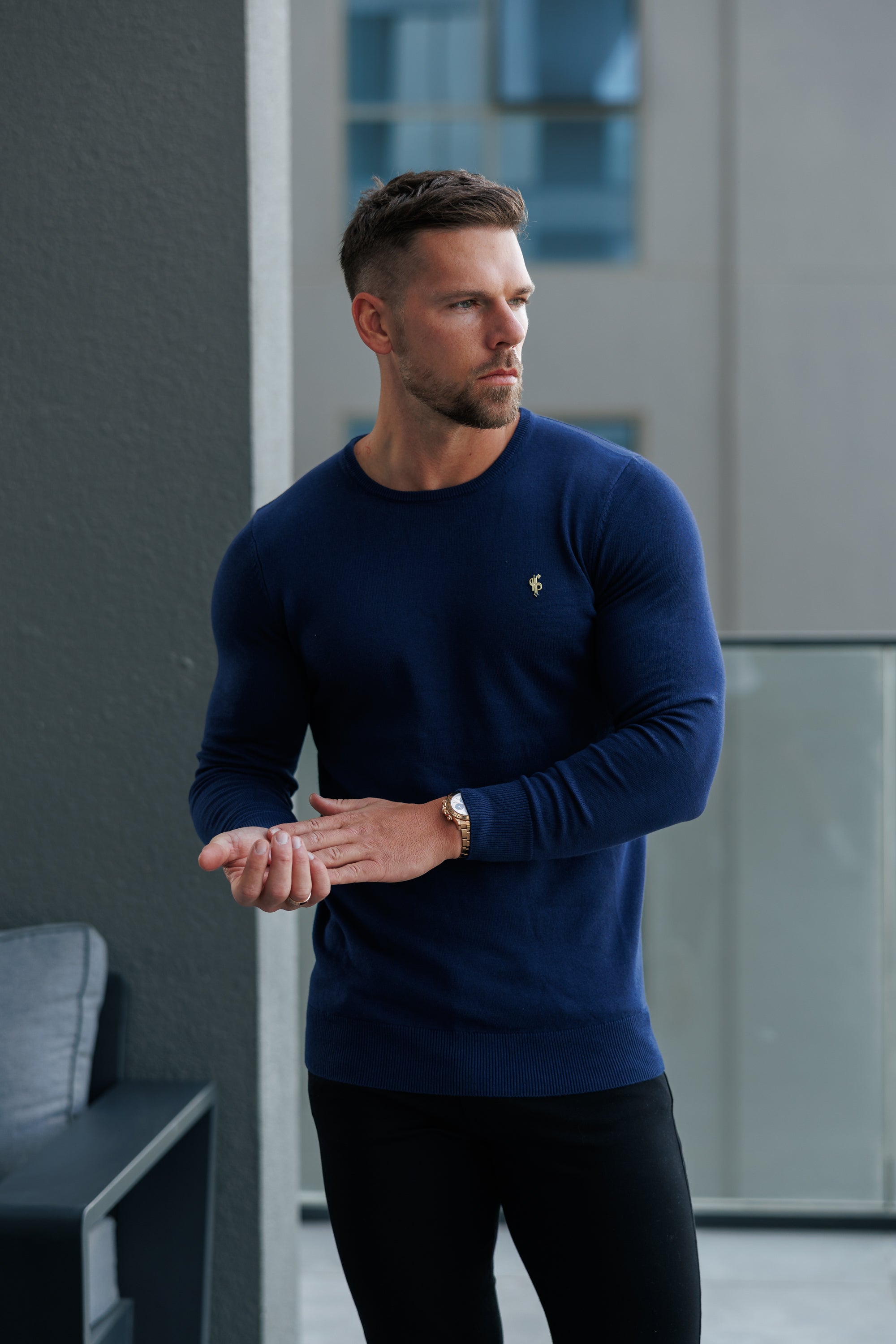 Navy Crew Neck Knitted Jumper With FS Branding - FSN197