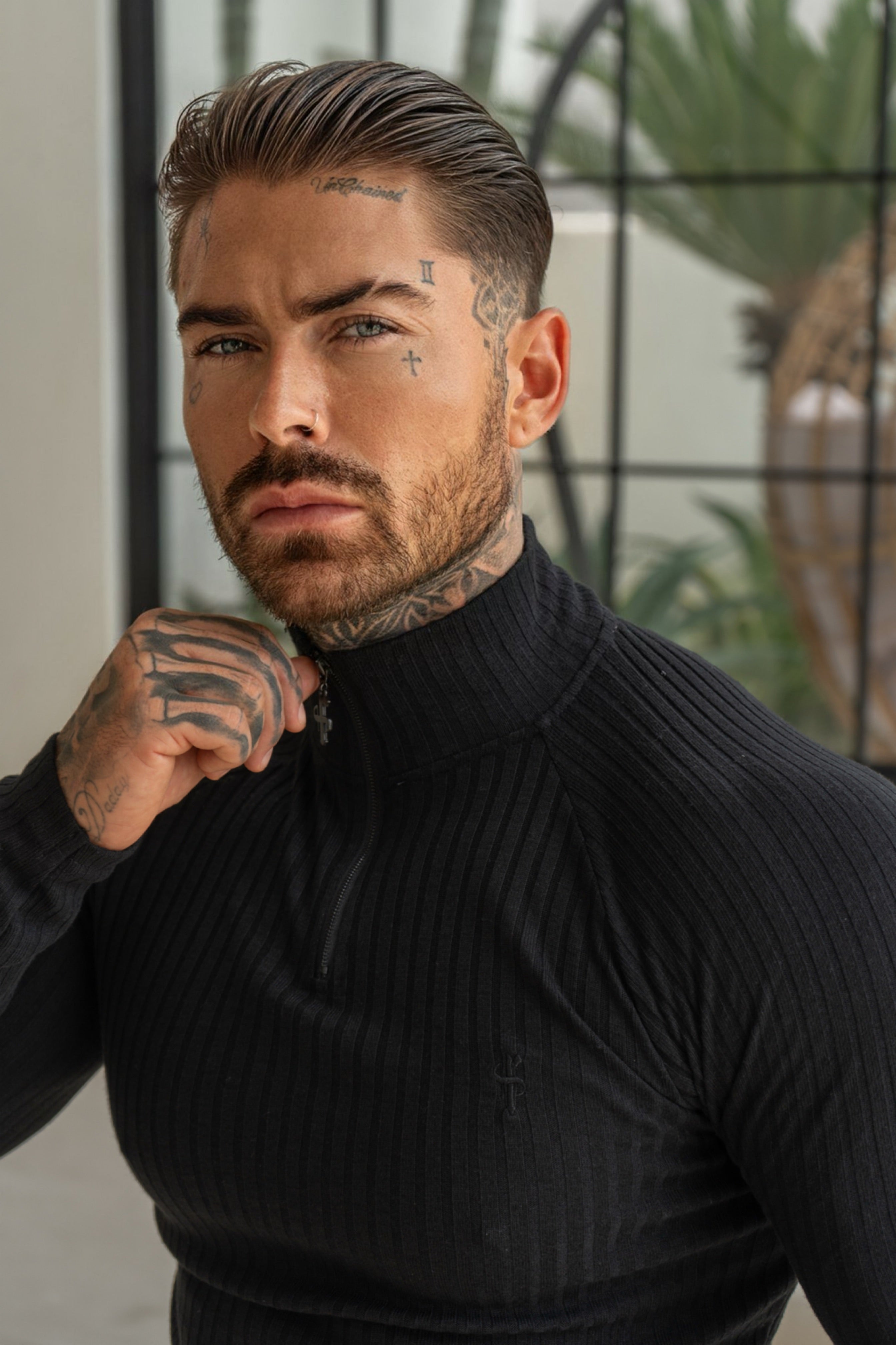 Super Slim Black Ribbed Zip Funnel Neck Raglan Long Sleeve Crew - FSH1265