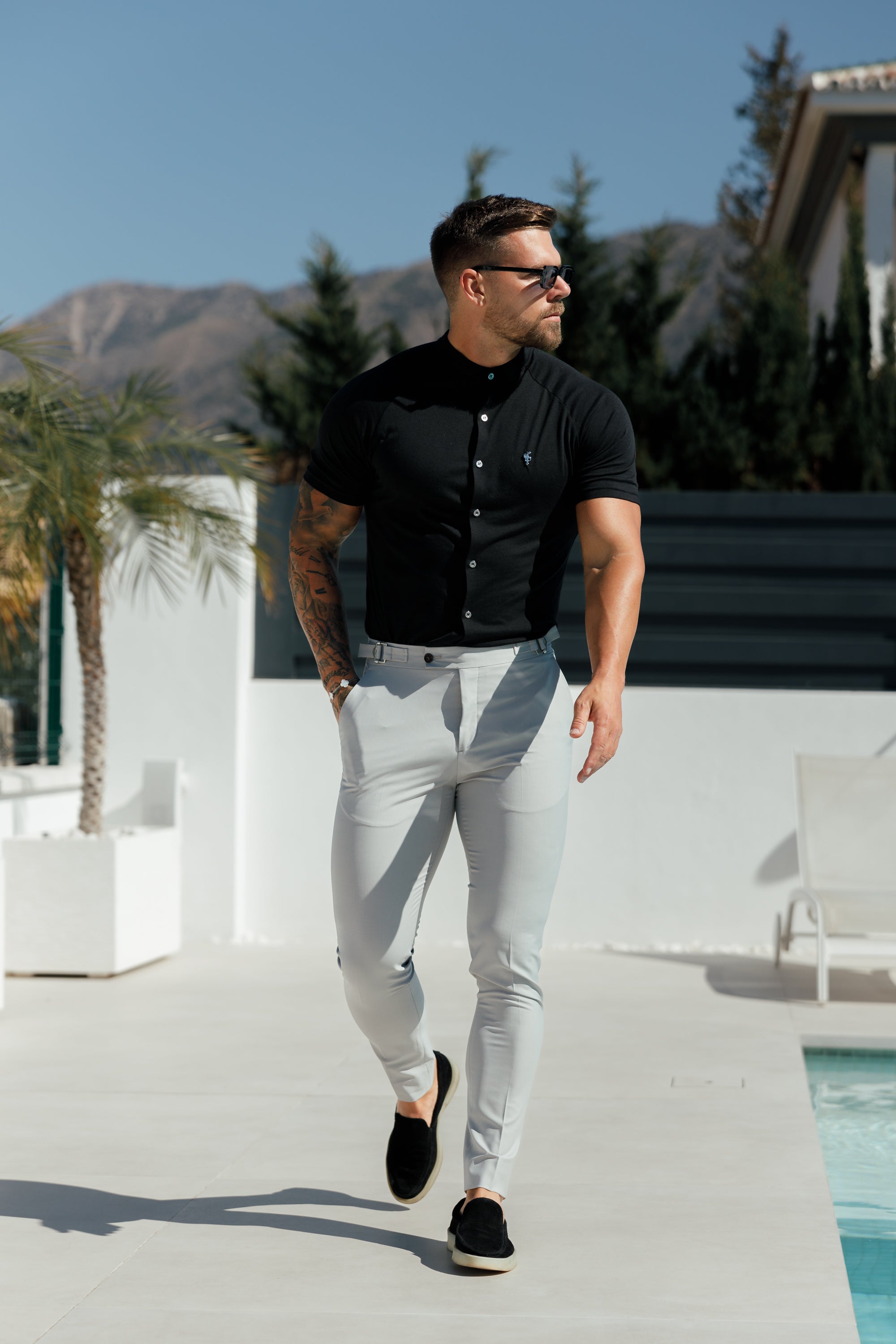 Slim Bamboo Raglan Grandad Collar Black Short Sleeve - FSH1165