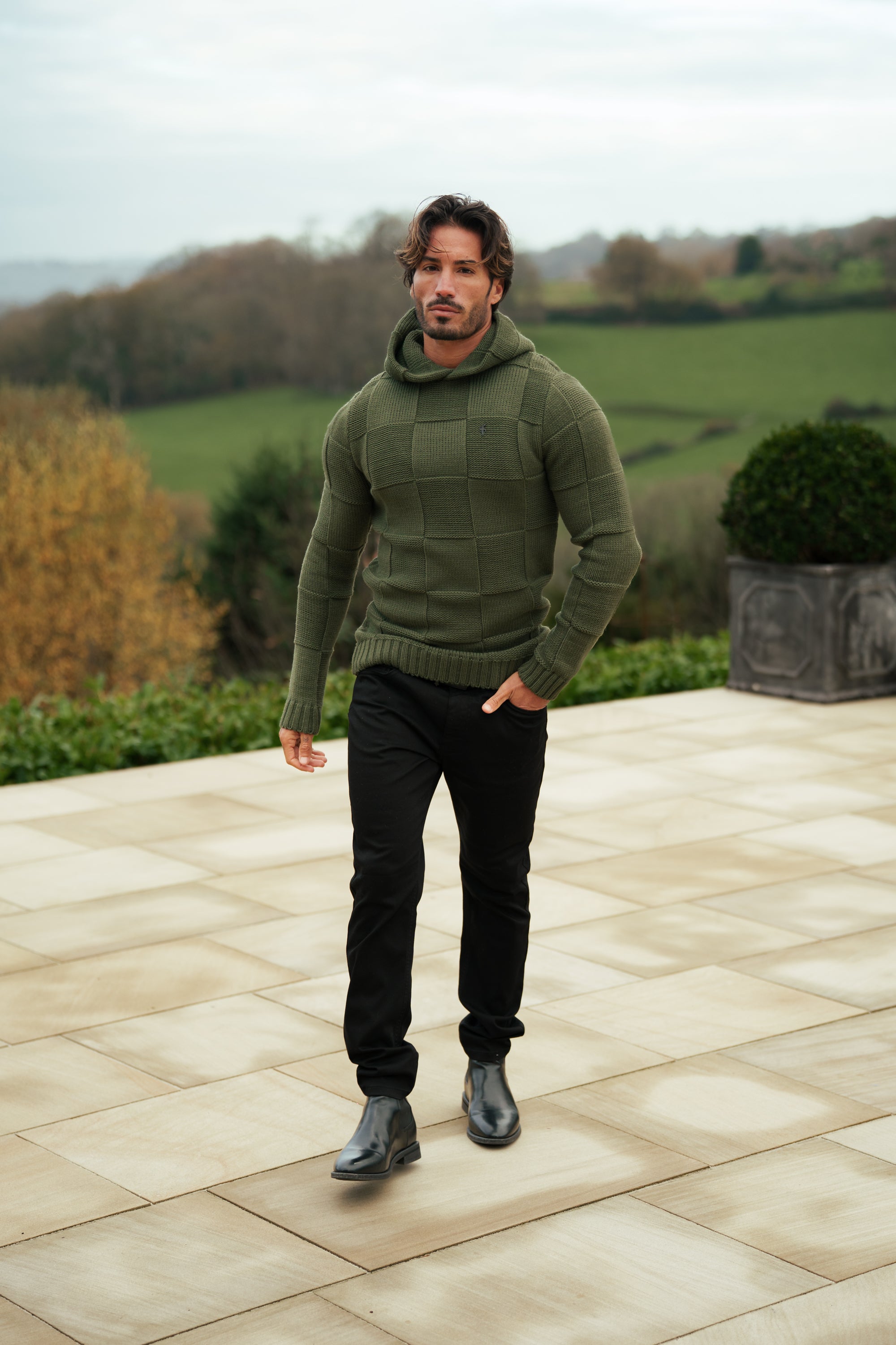 Olive Checkerboard Knitted Hoodie - FSJ137