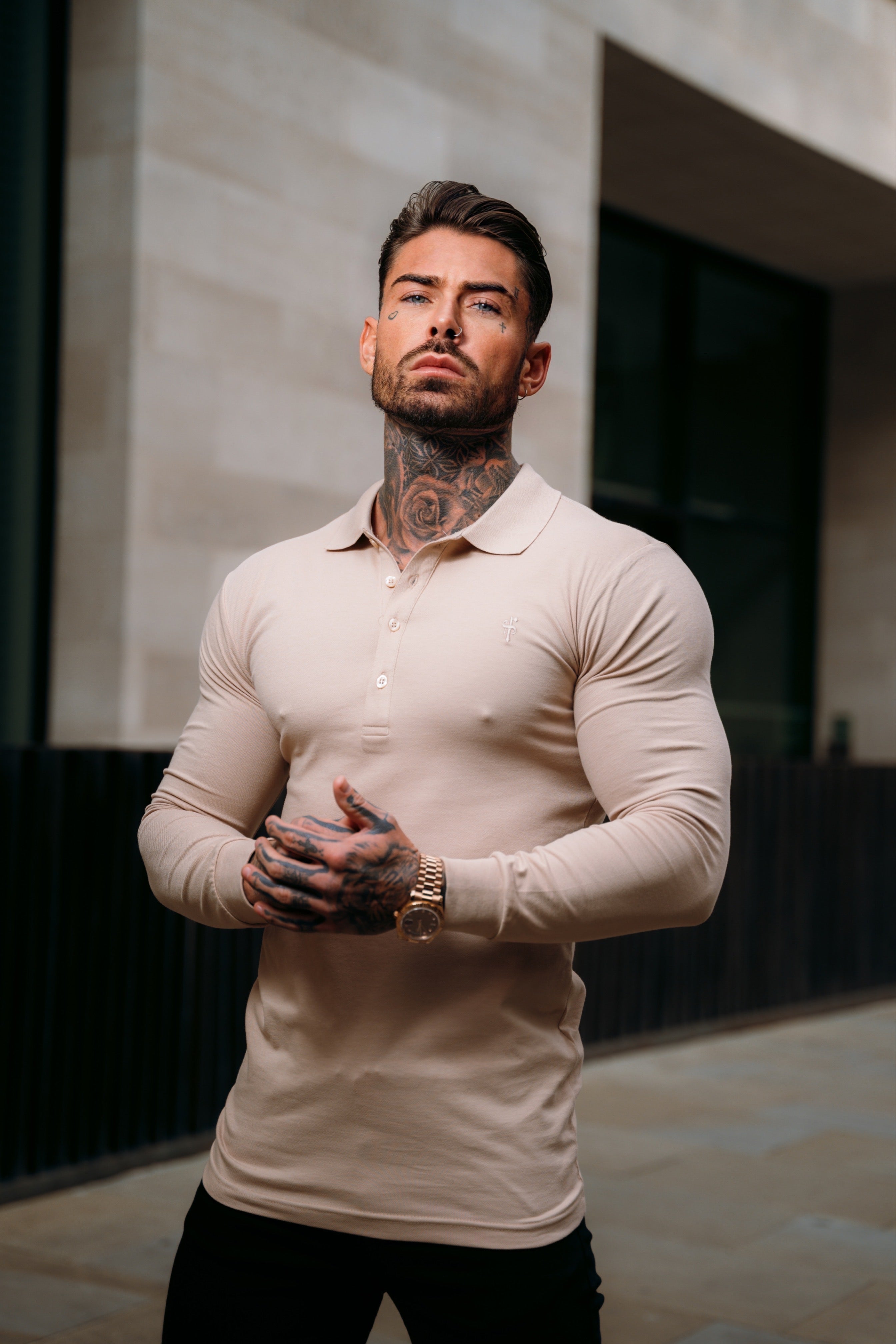 Classic Beige Tonal Polo Long Sleeve Shirt - FSH862