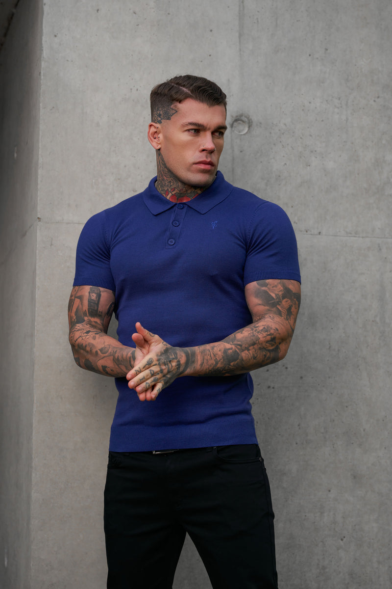 Father Sons Classic Ocean Blue Knitted Polo Jumper Short Sleeve With Tonal FS Embroidery- FSN144