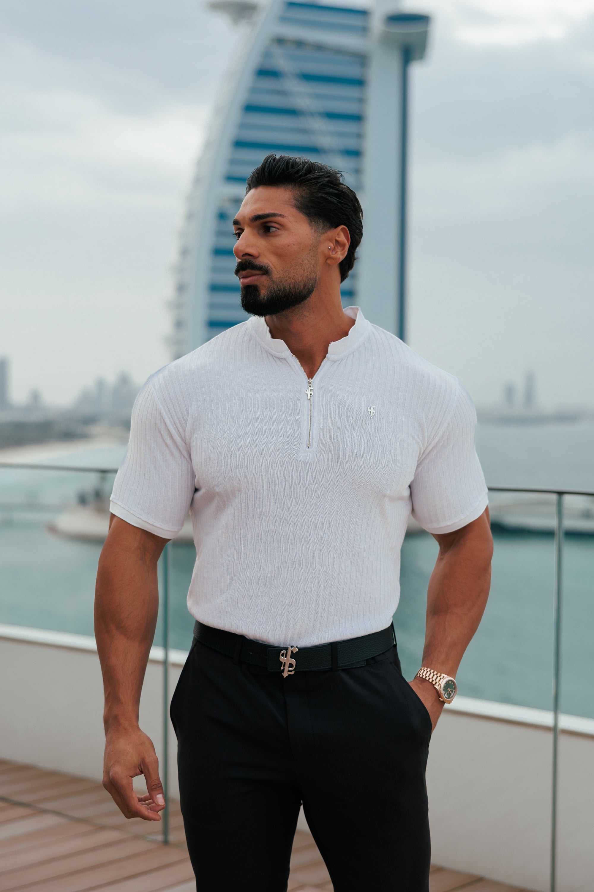 Classic White / Silver Ribbed Zip Grandad Collar Shirt Short Sleeve - FSH1447