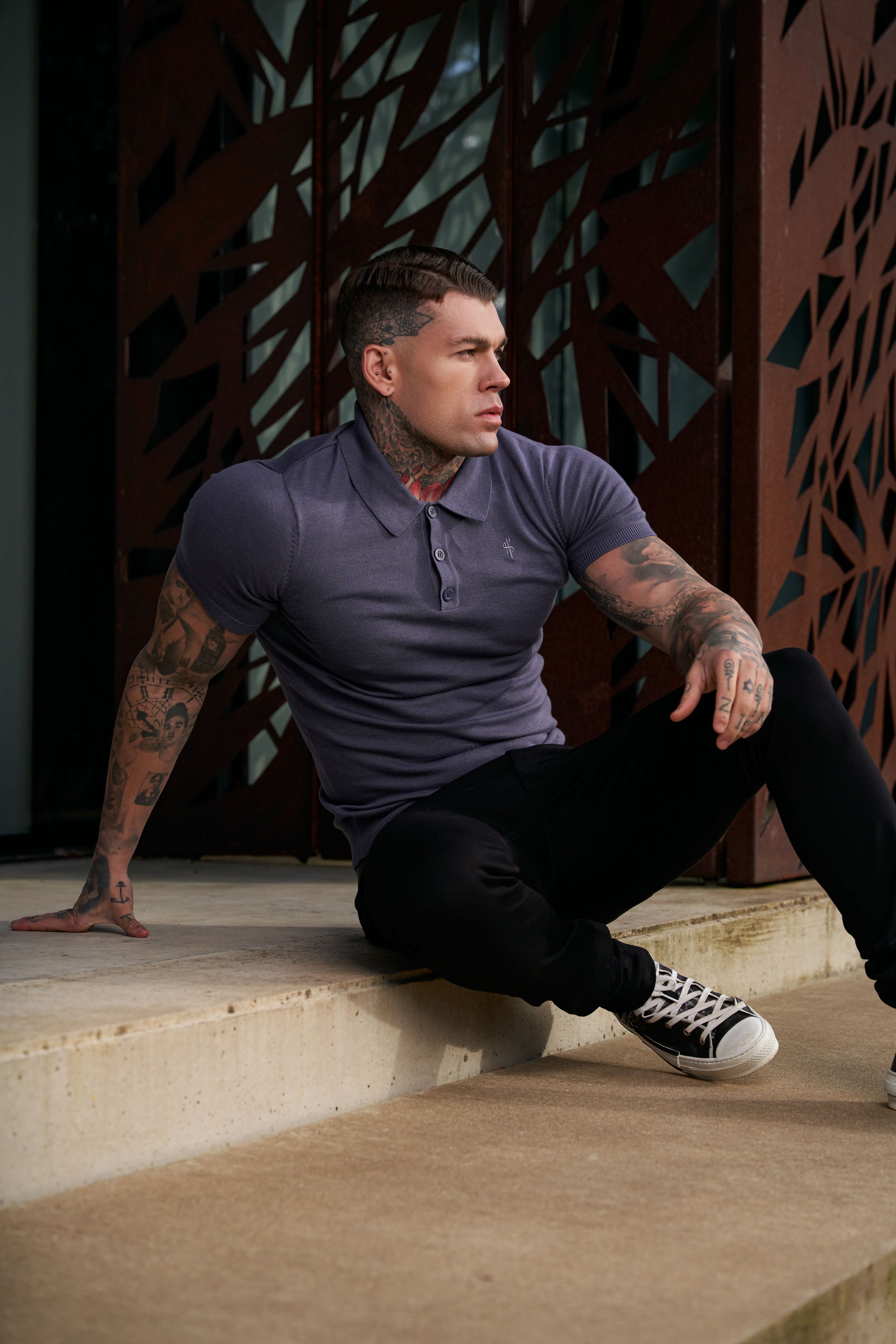Classic Gunmetal Knitted Polo Jumper Short Sleeve With Tonal FS Embroidery- FSN145