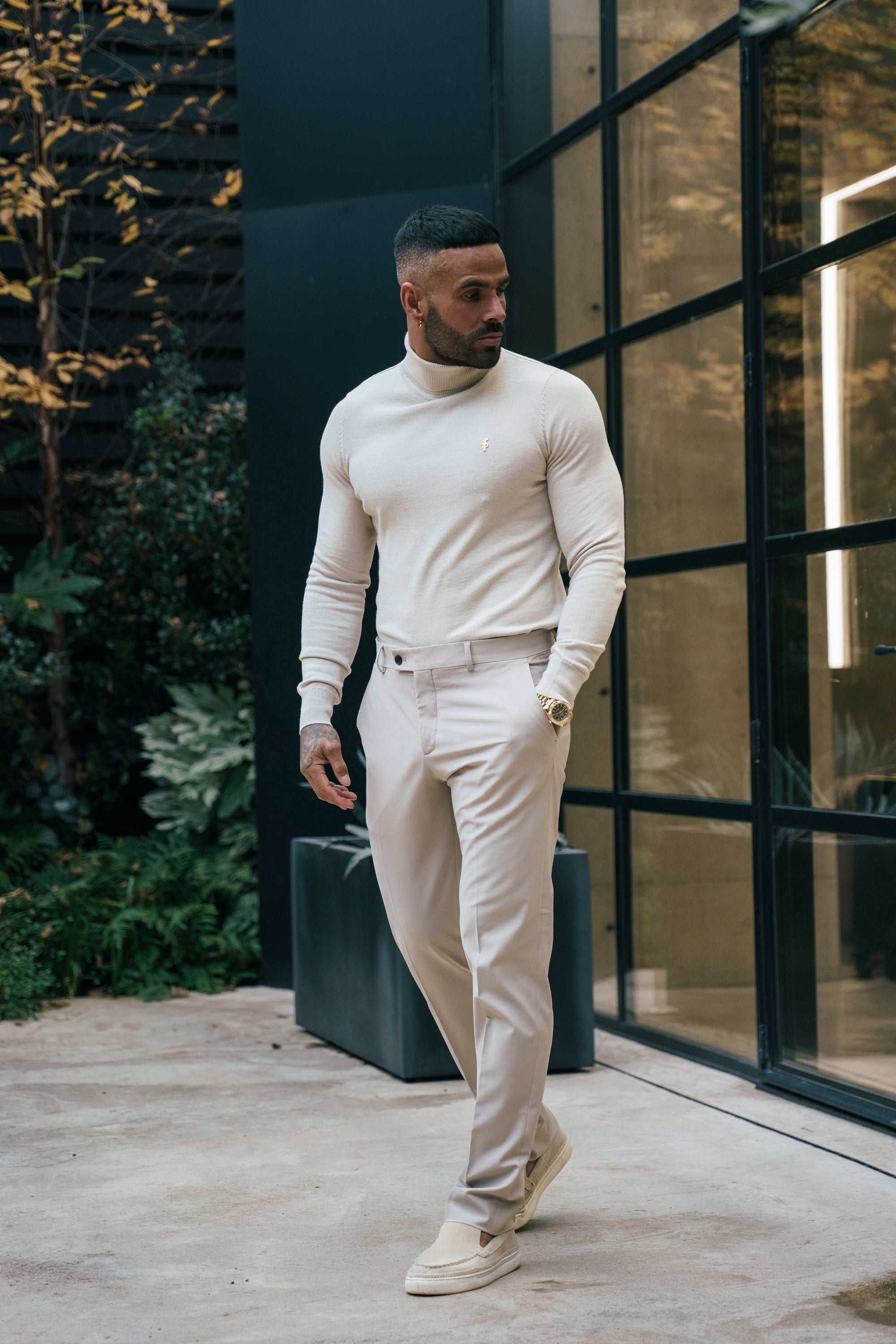 Beige Roll Neck Knitted Jumper With FS Branding - FSN204