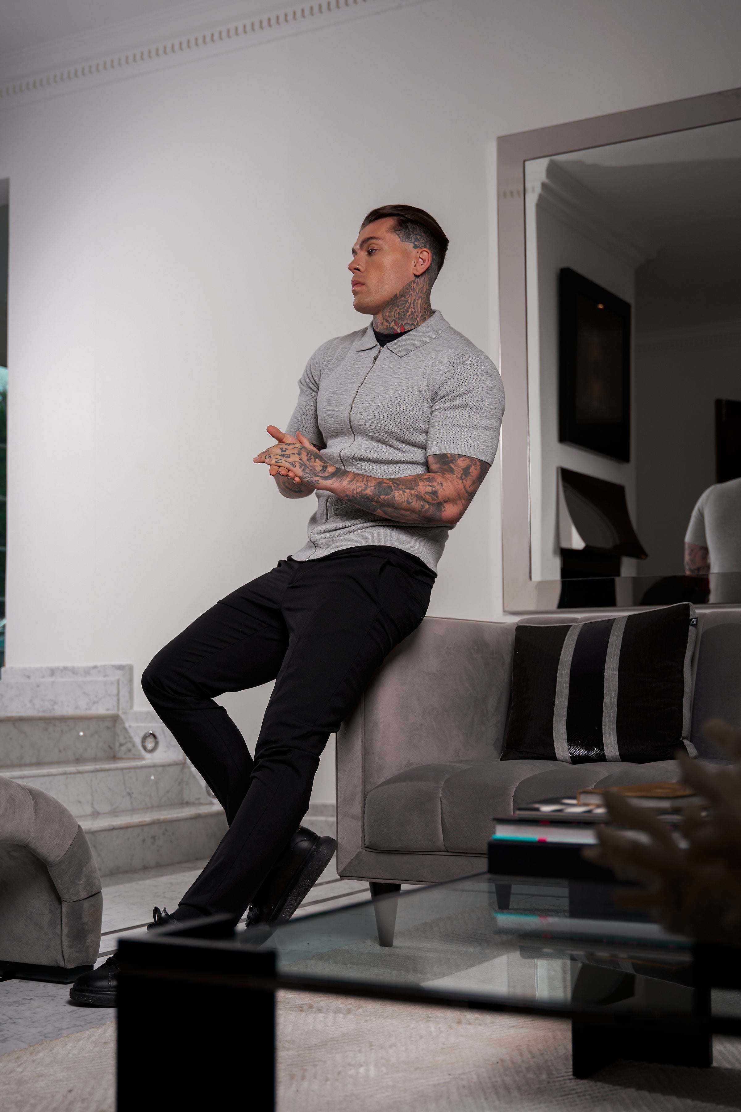 Classic Knitted Textured Design With Full Length Zip Light Grey Short Sleeve - FSN154
