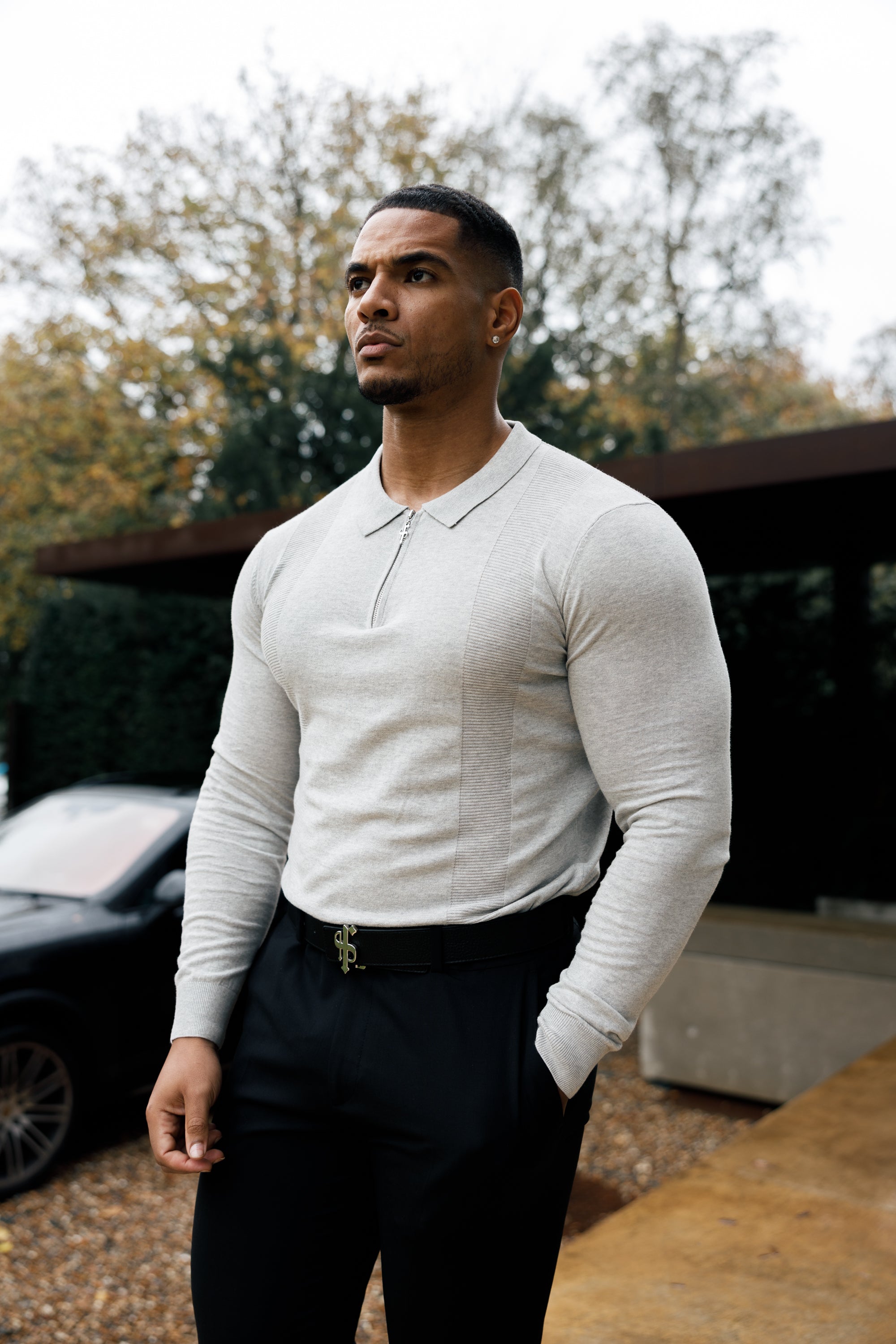 Classic Grey Marl and Silver Zip Knitted Polo Shirt Long Sleeve - FSN127