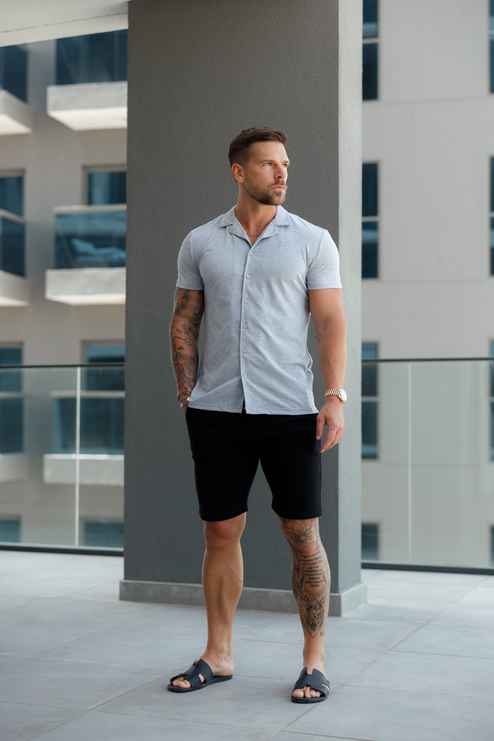 Stretch Light Grey Pique Revere Shirt Short Sleeve - FSH1072