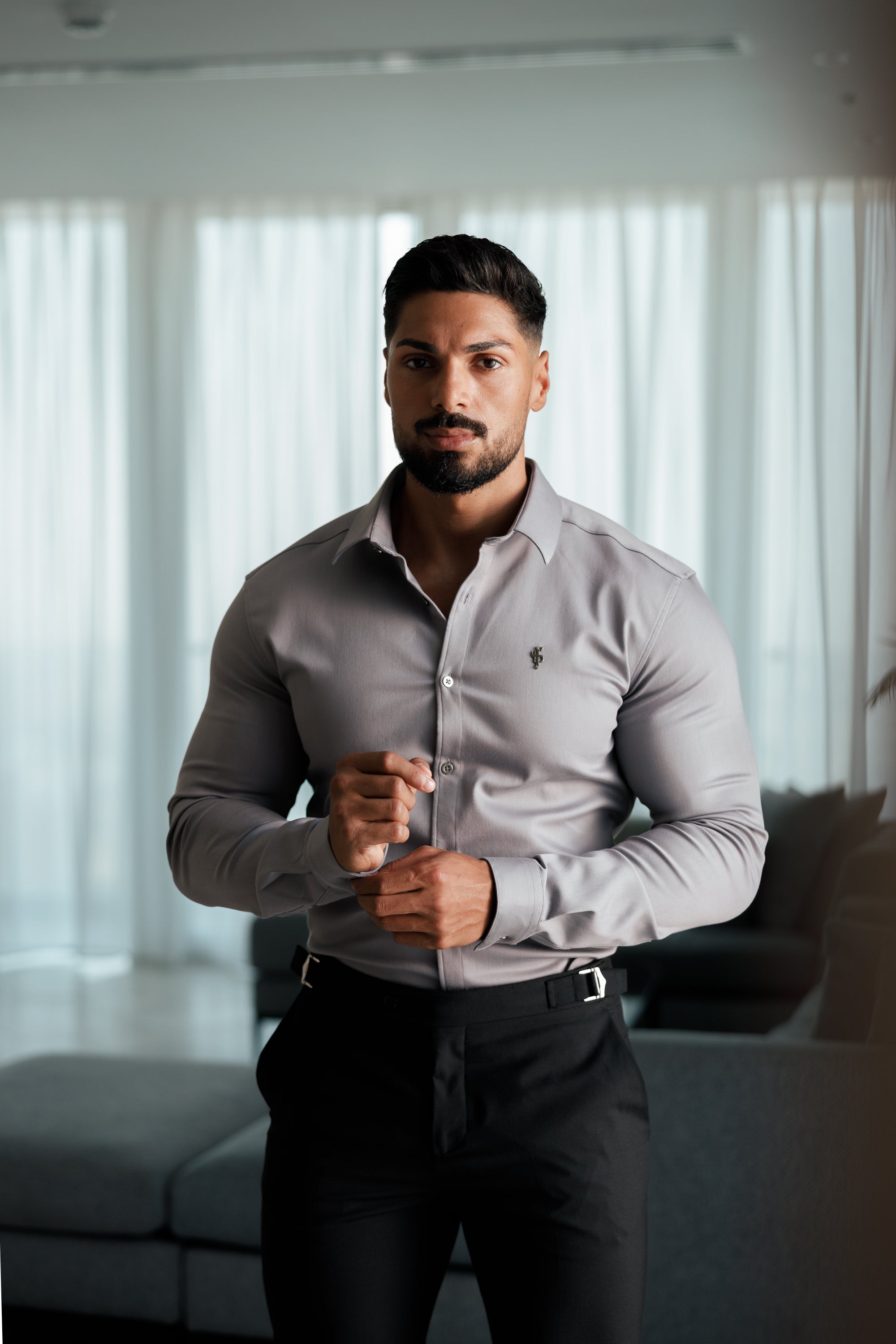 Super Slim Stretch Mid Grey Denim Long Sleeve With Metal Buttons and Decal - FS1022