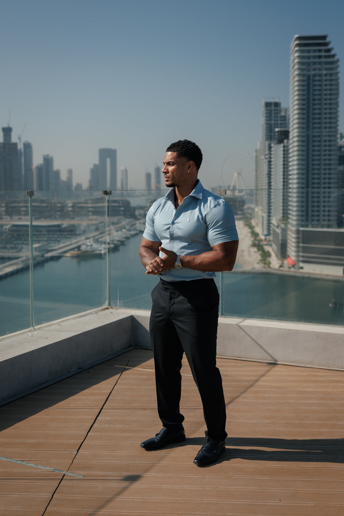 Super Slim Stretch Steel Blue Denim Short Sleeve with Silver Metal Decal and Cutaway Collar - FS1321
