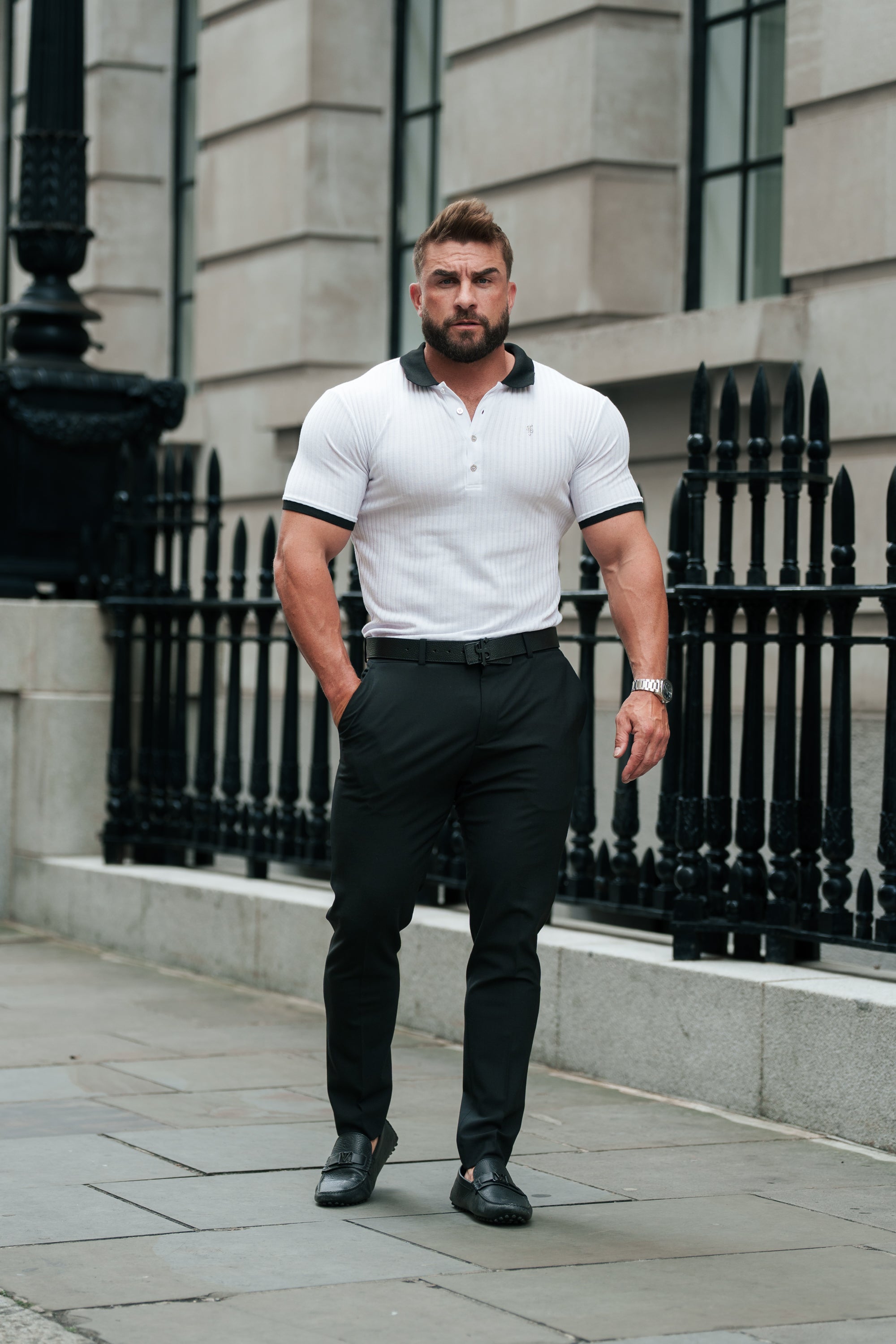 White Ribbed Polo Shirt Short Sleeve - FSH1370P