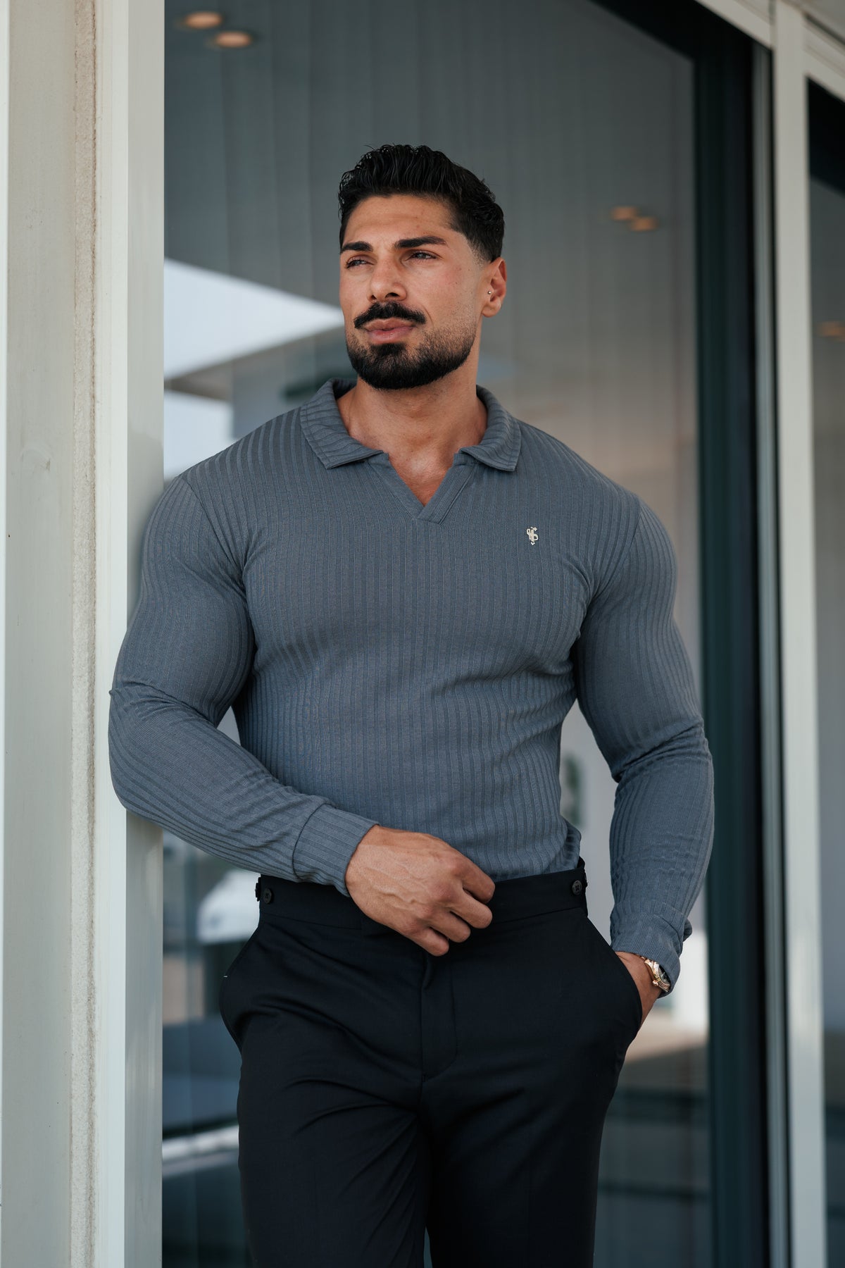 Charcoal / Silver Ribbed Revere Polo Shirt Long Sleeve - FSH1462
