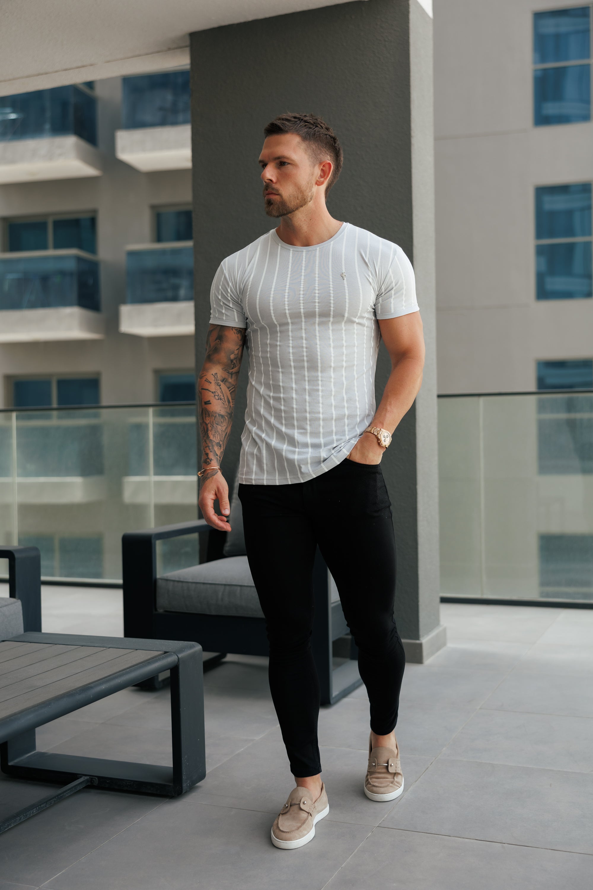 Printed Light Grey / White Stripe Fitted T Shirt - FSH1172