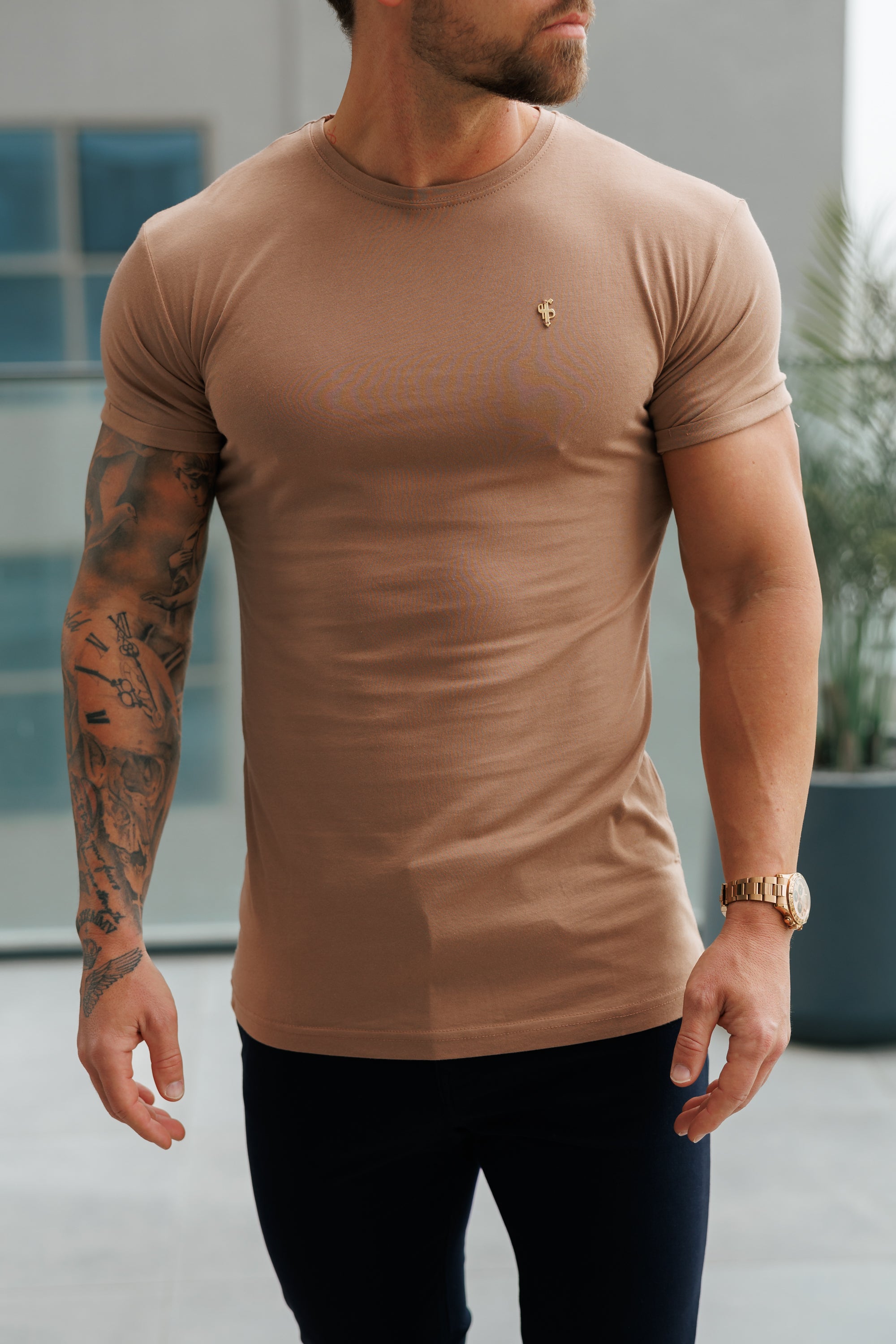Coffee / Gold Bamboo Crew T Shirt - FSH1217