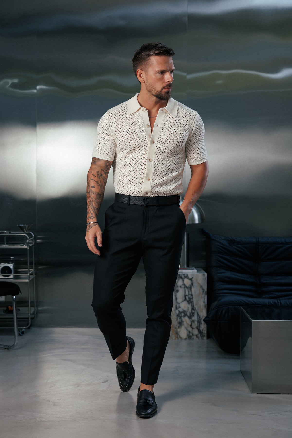 Slim Formal Black Linen Trousers With Belt Loops - FST048