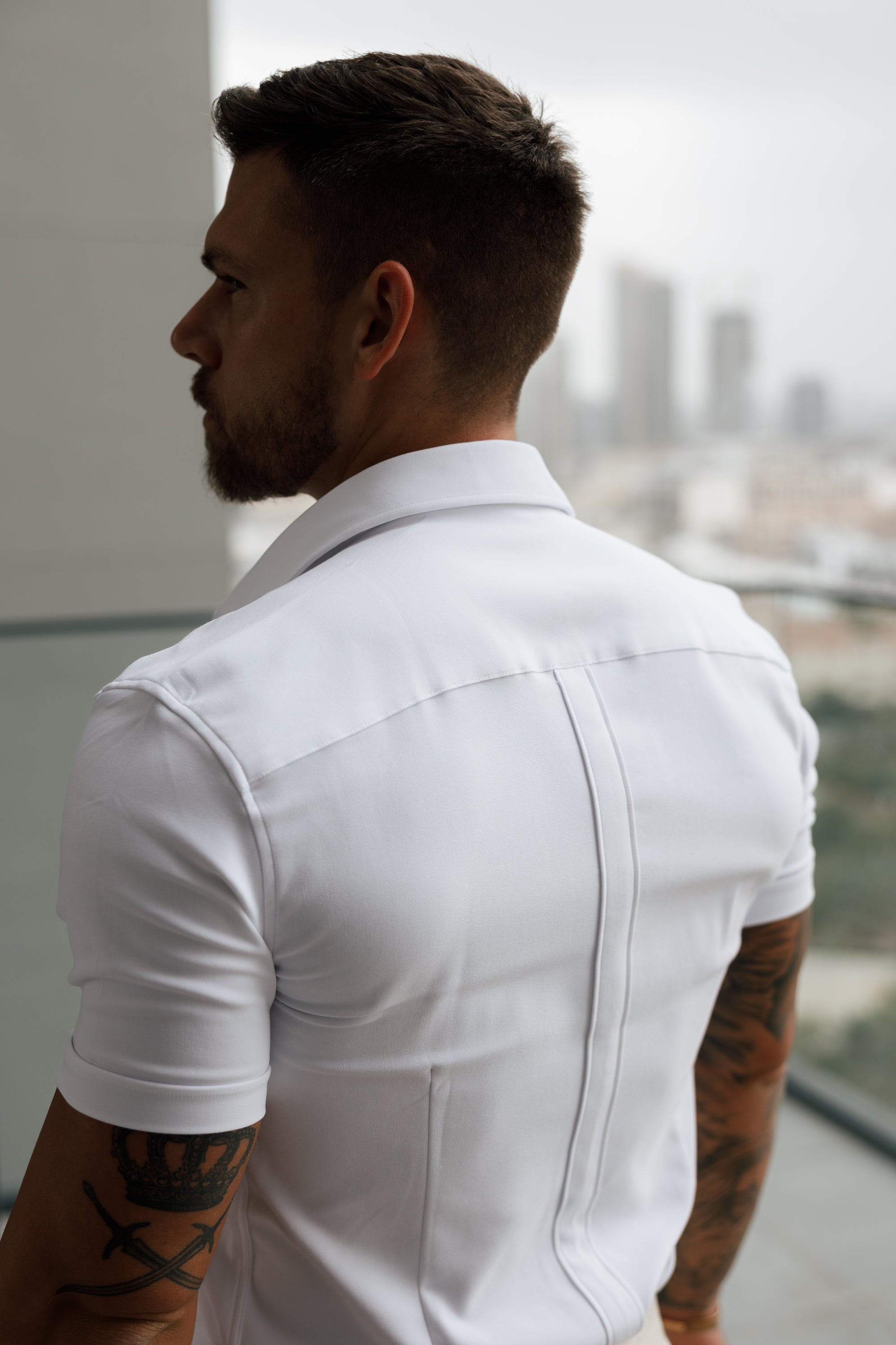 Super Slim Scuba White Short Sleeve Stretch with Back Box Pleat and Side Seam Detail - FS943