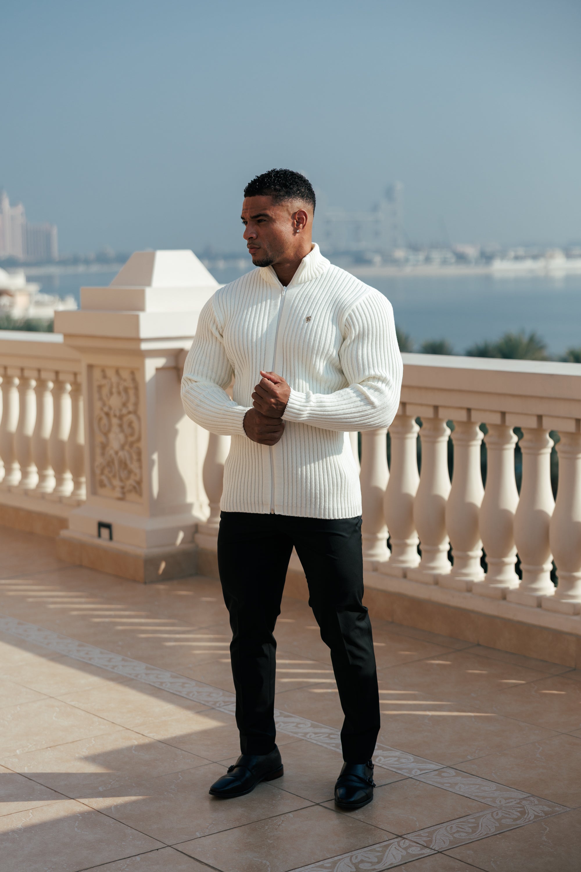 Chunky Cream Ribbed Zipped Cardigan with Gold Emblem- FSJ096