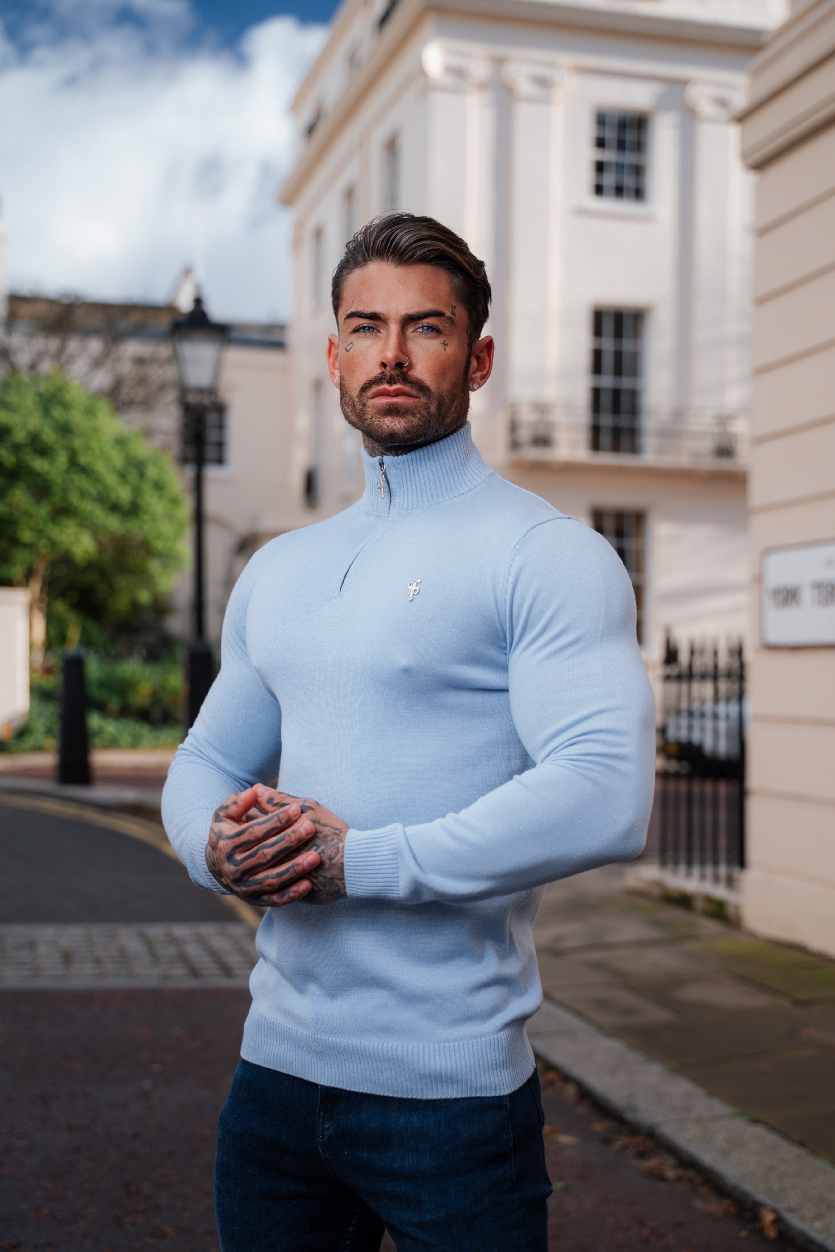 Light Blue Funnel Neck 1/2 Zip Knitted Jumper - FSN119