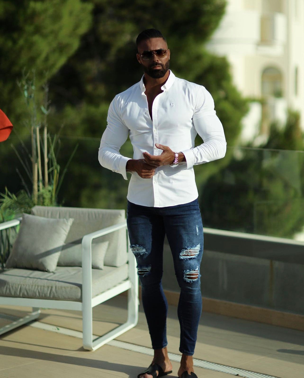 Ultra Stretch Navy Slim Jeans with Distressed Rips - FSJEAN006