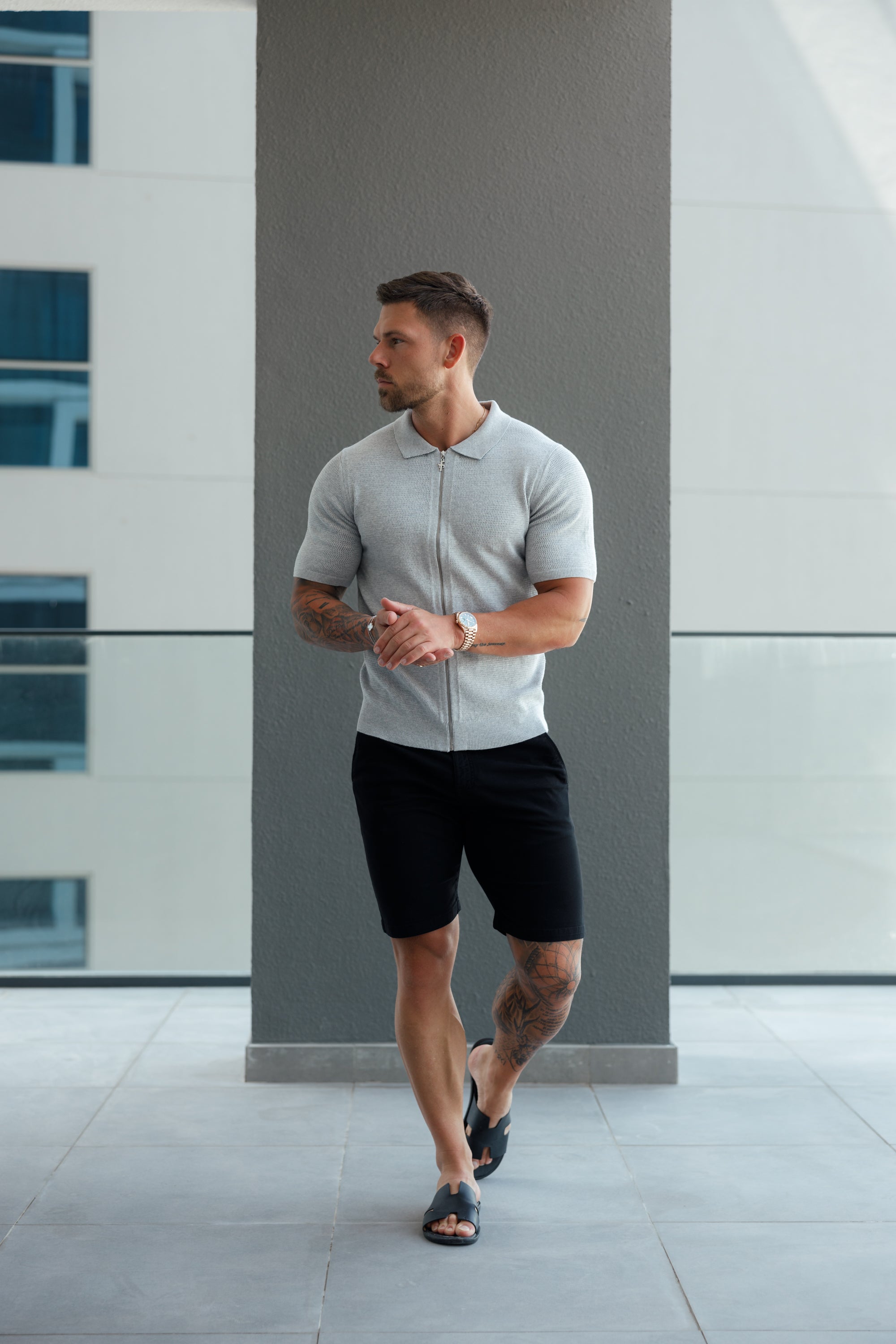 Classic Knitted Textured Design With Full Length Zip Light Grey Short Sleeve - FSN154