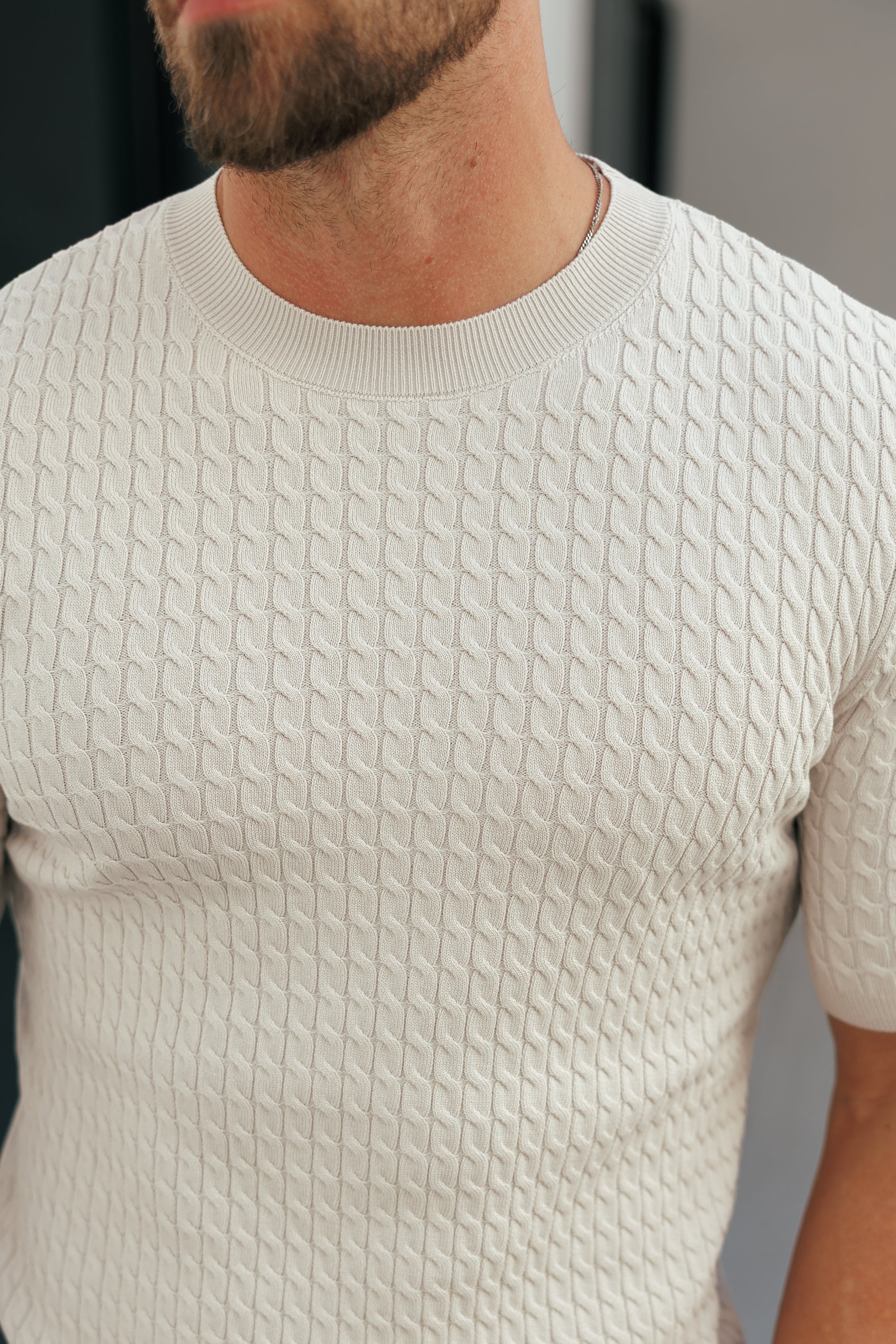 Front Chain Knit Crew Tshirt Cream Short Sleeve - FSR057