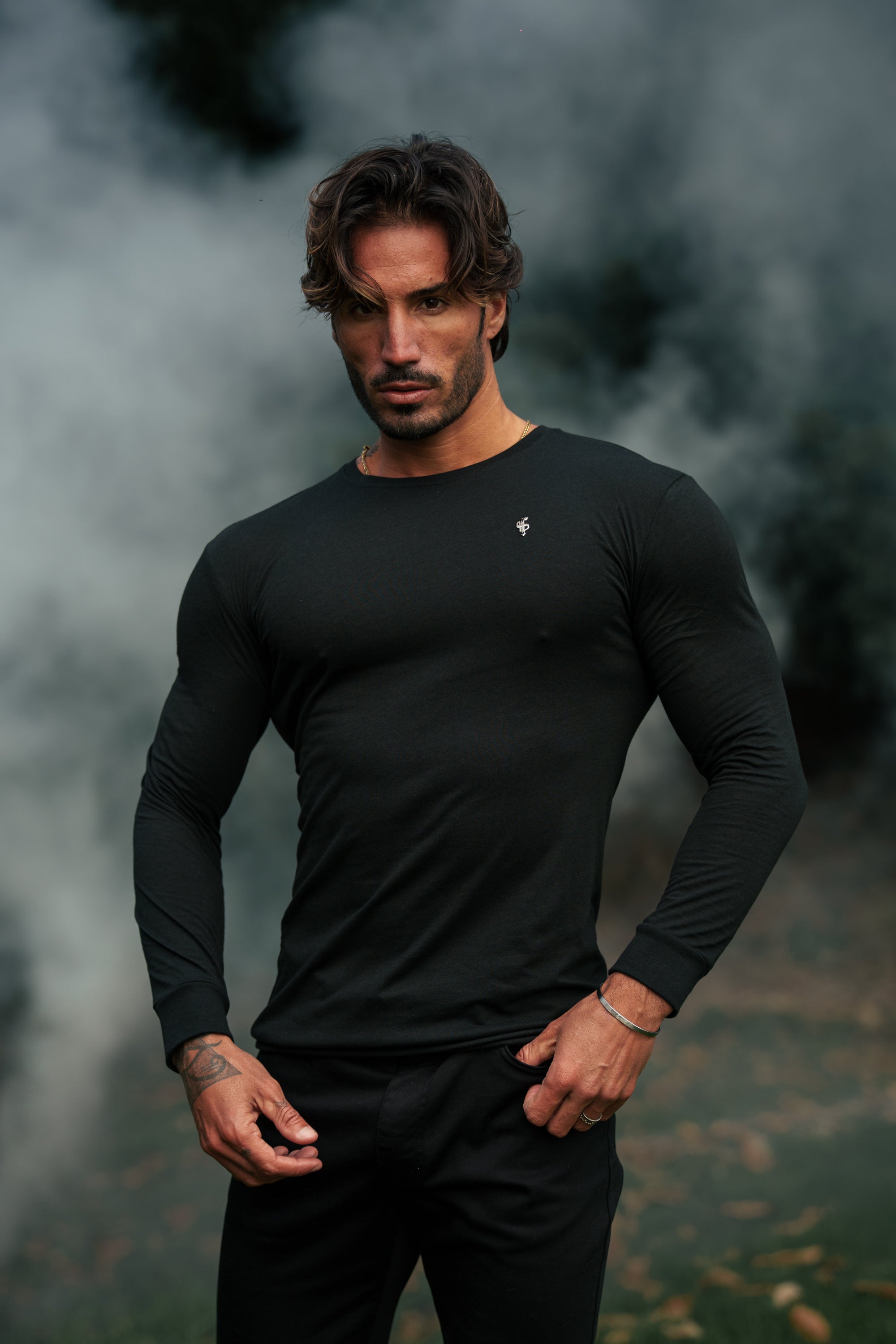 Black / Silver Bamboo Crew T-Shirt Long Sleeve - FSH1415