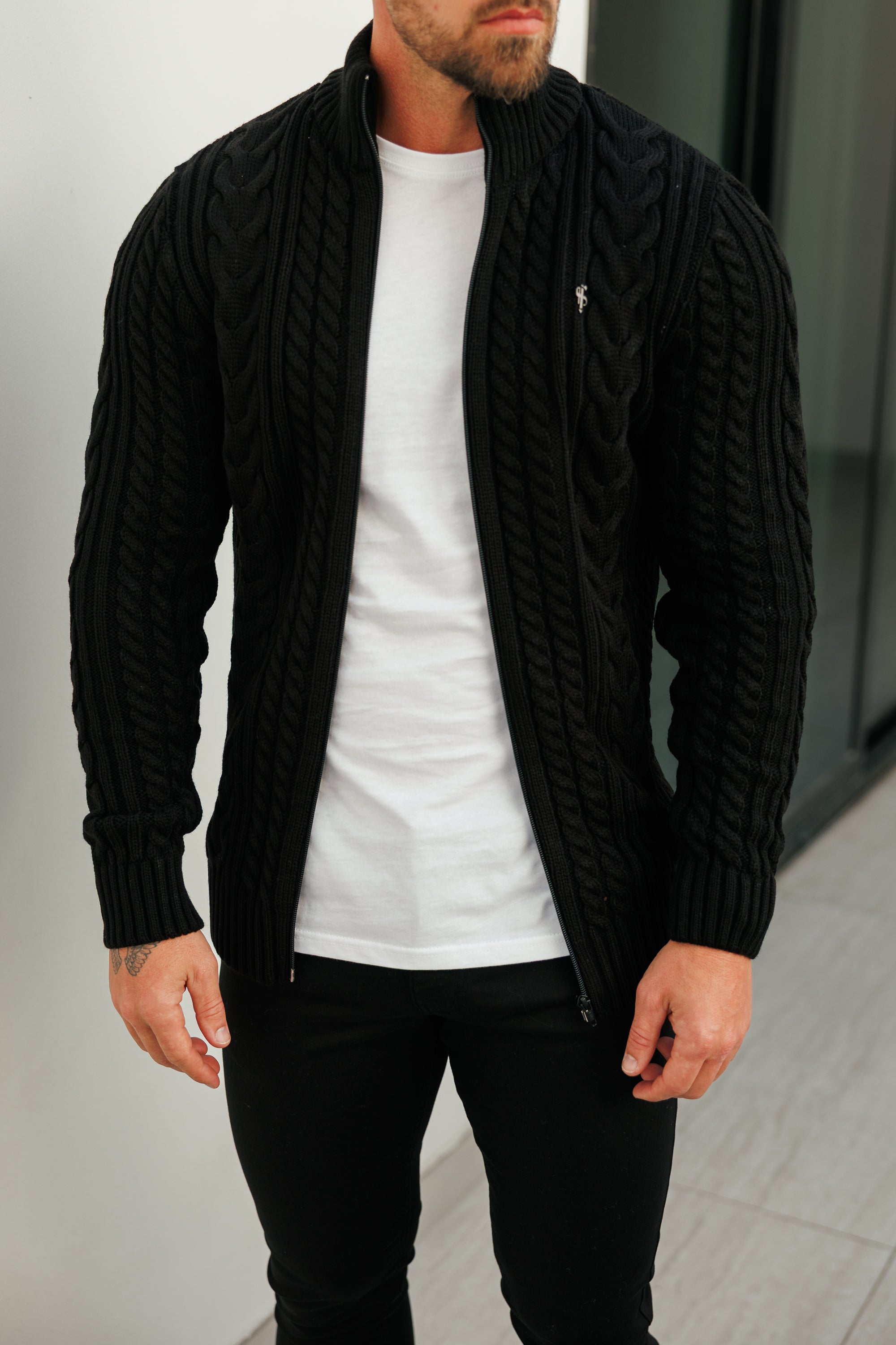 Funnel Neck Full Zip Cardigan Black - FSJ144