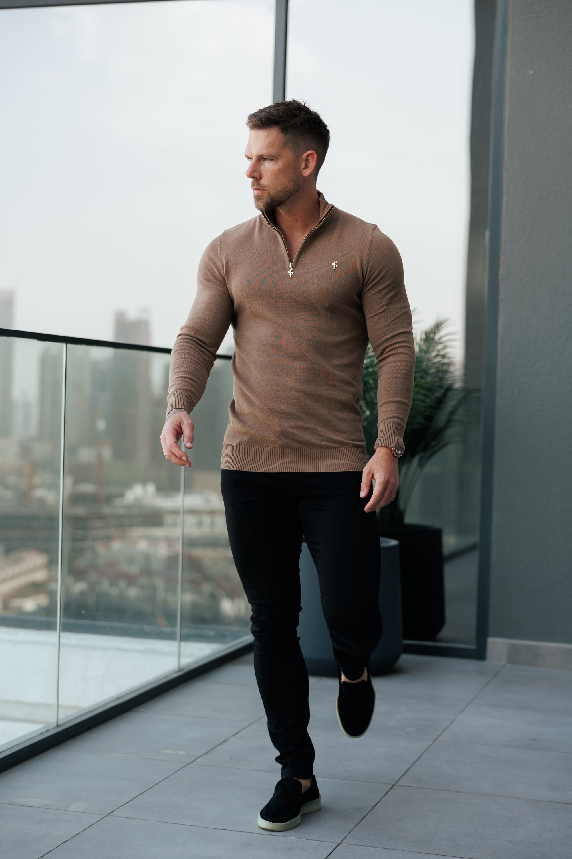 Camel Funnel Neck Knitted Jumper With FS Branding - FSN187