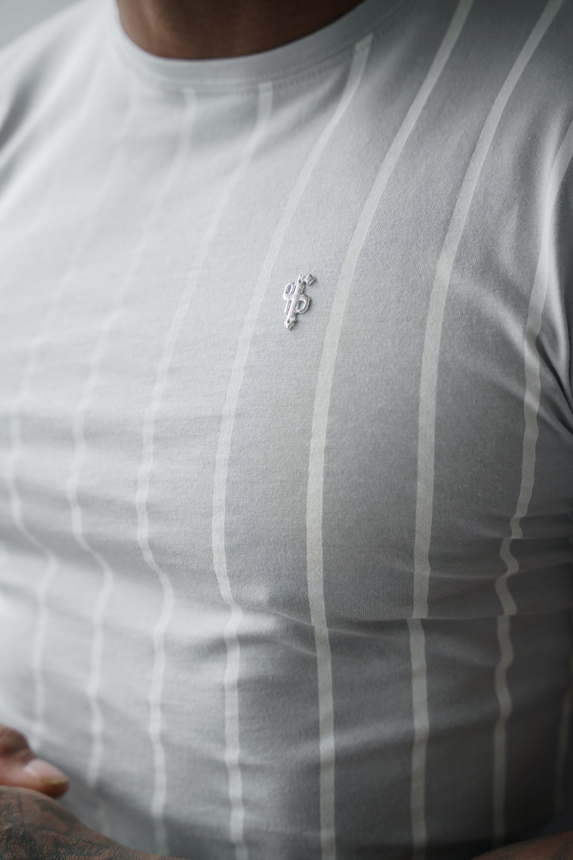 Printed Light Grey / White Stripe Fitted T Shirt - FSH1172